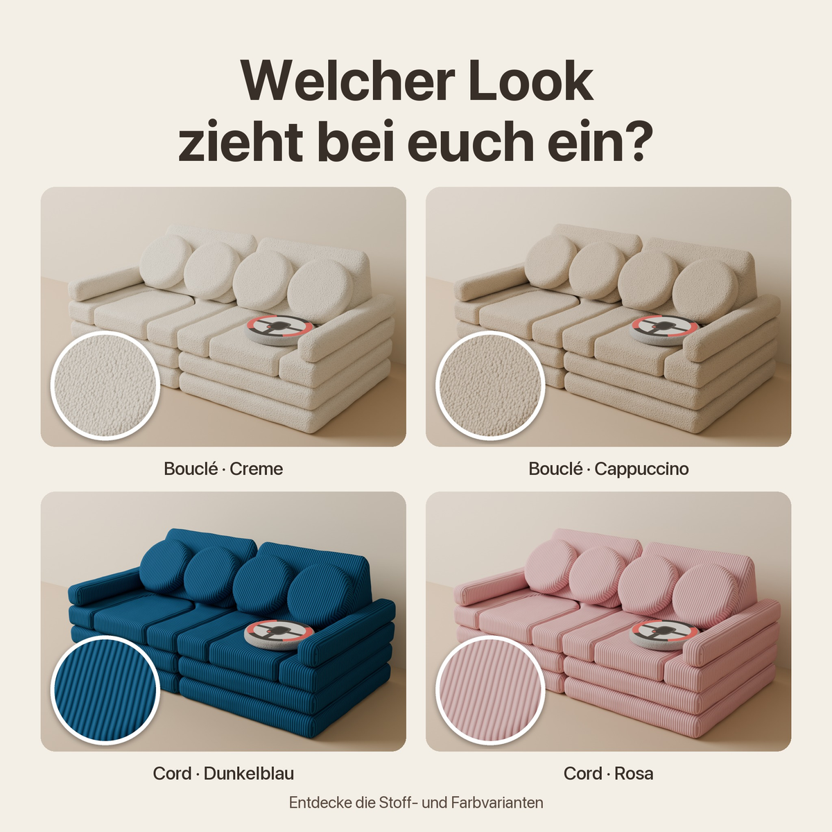 Welcher Look zieht bei euch ein? Wuselsofa 14 Teile in Bouclé Creme, Bouclé Cappuccino, Cord Dunkelblau und Cord Rosa