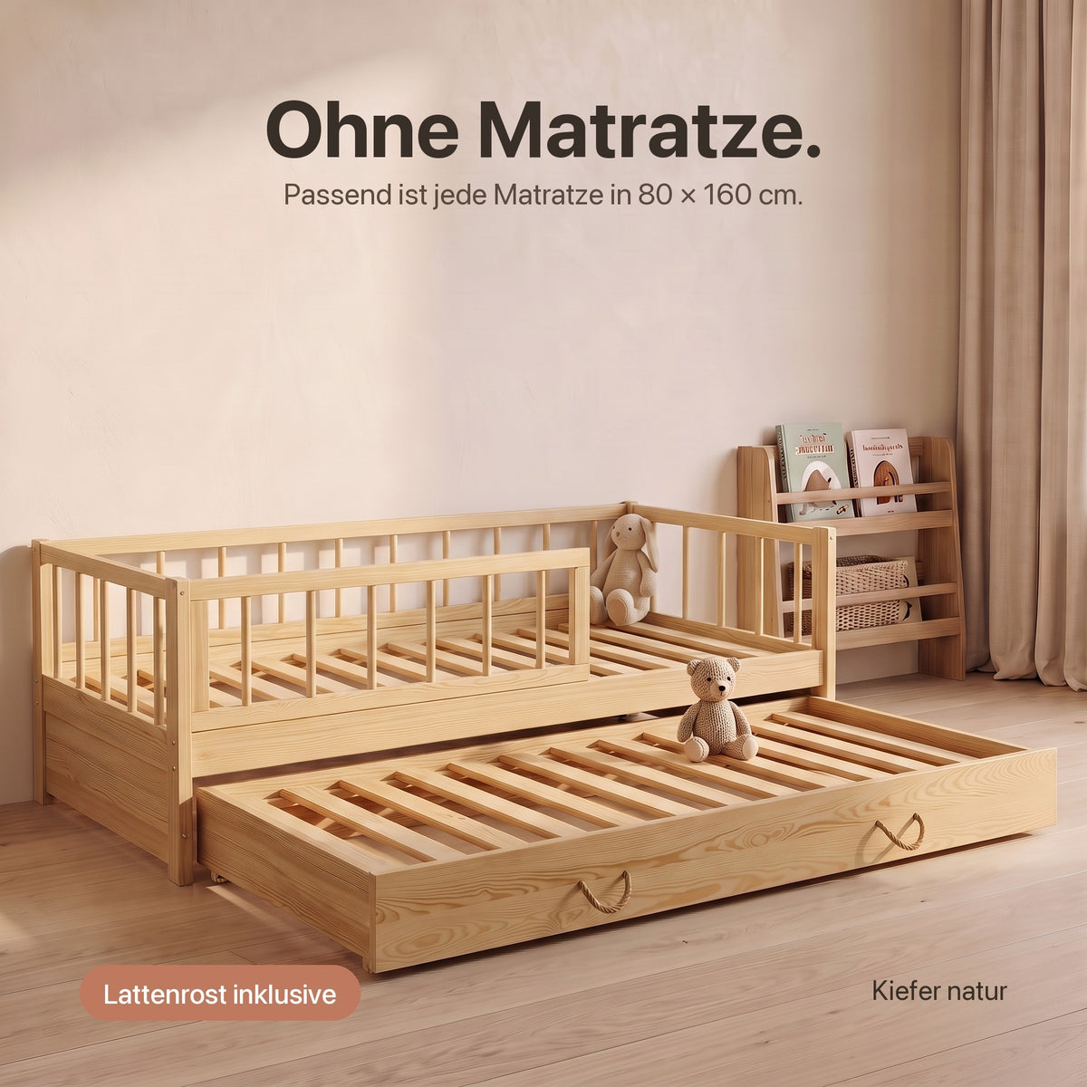 Ausziehbett mit Rausfallschutz ohne Matratze: Lattenrost inklusive, passend für Matratzen in 80 × 160 cm