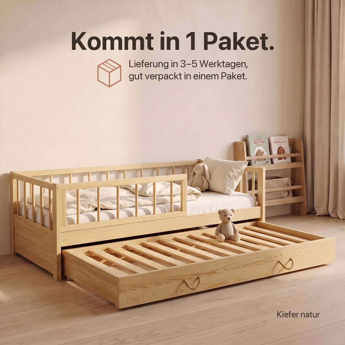 Ausziehbett mit Rausfallschutz: Lieferung in 3–5 Werktagen in einem Paket