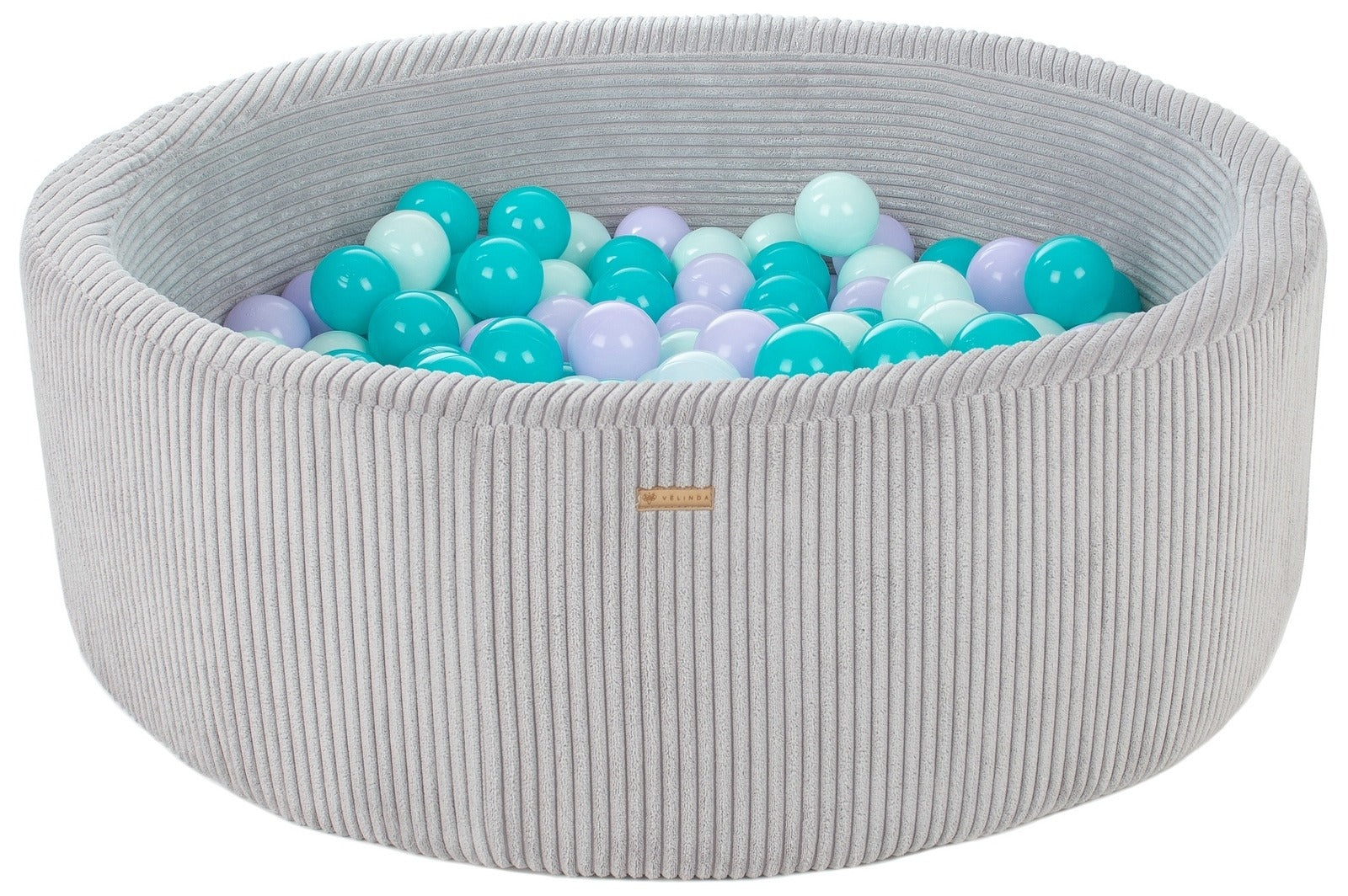 Bällepool ⌀ 90 cm in Chenille Grau mit Bällen in Violett · Türkis · Mint