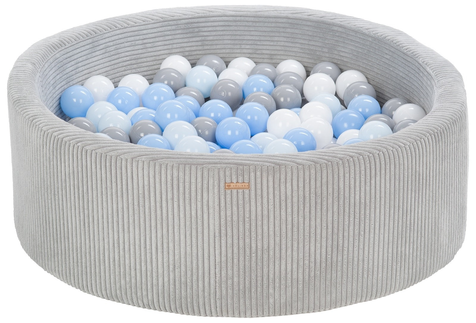 Bällepool ⌀ 90 cm in Chenille Grau mit Bällen in Weiß · Grau · Hellblau · Pastell-Blau