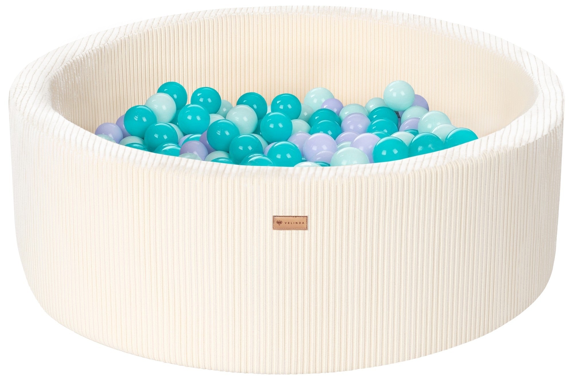 Bällepool ⌀ 90 cm in Cord Creme mit Bällen in Violett · Türkis · Mint