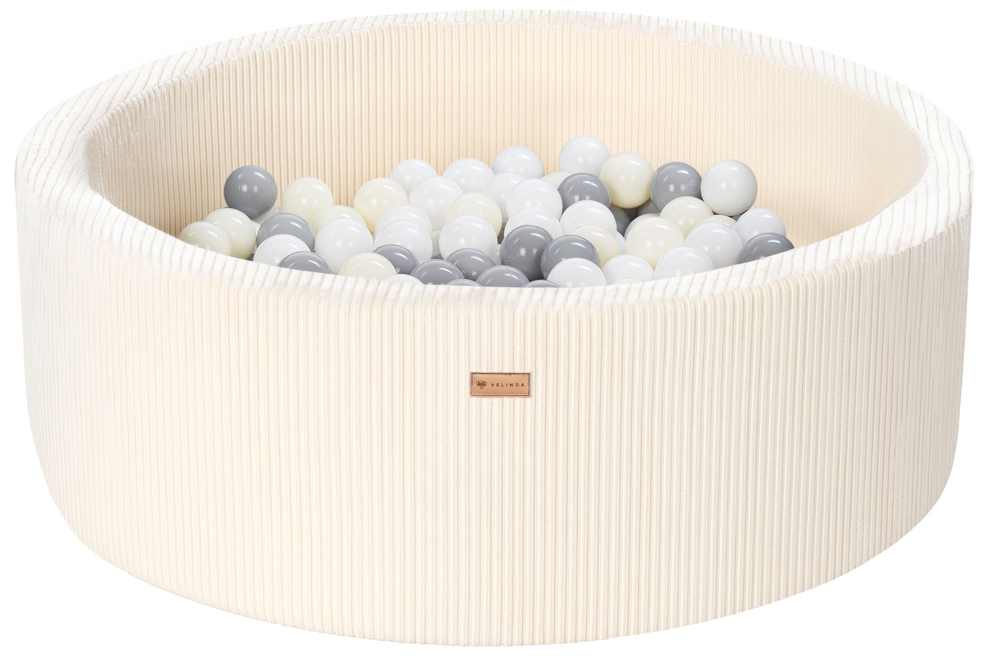 Bällepool ⌀ 90 cm in Cord Creme mit Bällen in Weiß · Grau · Pastell-Gelb