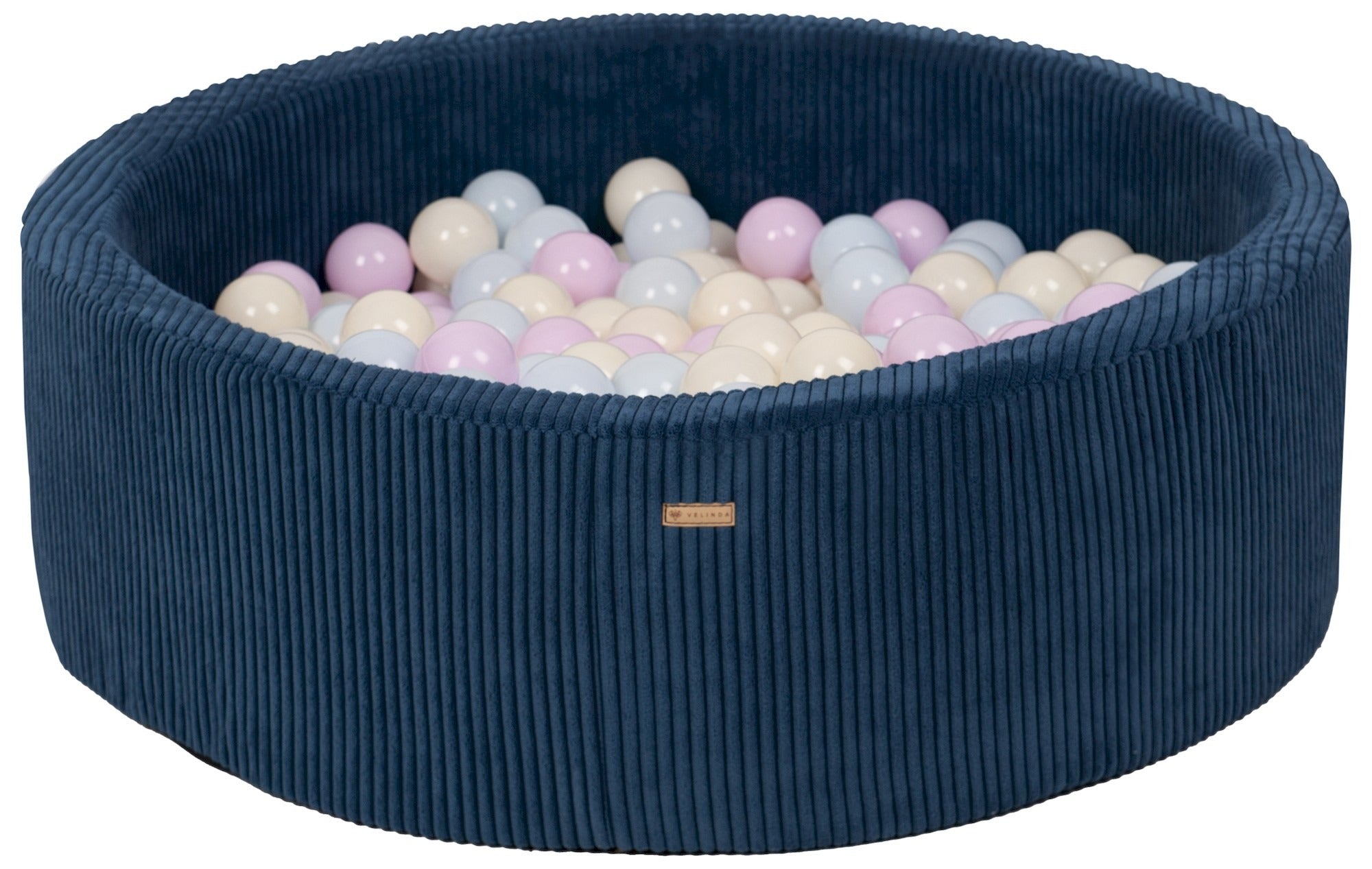 Bällepool ⌀ 90 cm in Cord Dunkelblau mit Bällen in Pink · Blau · Pastell-Gelb