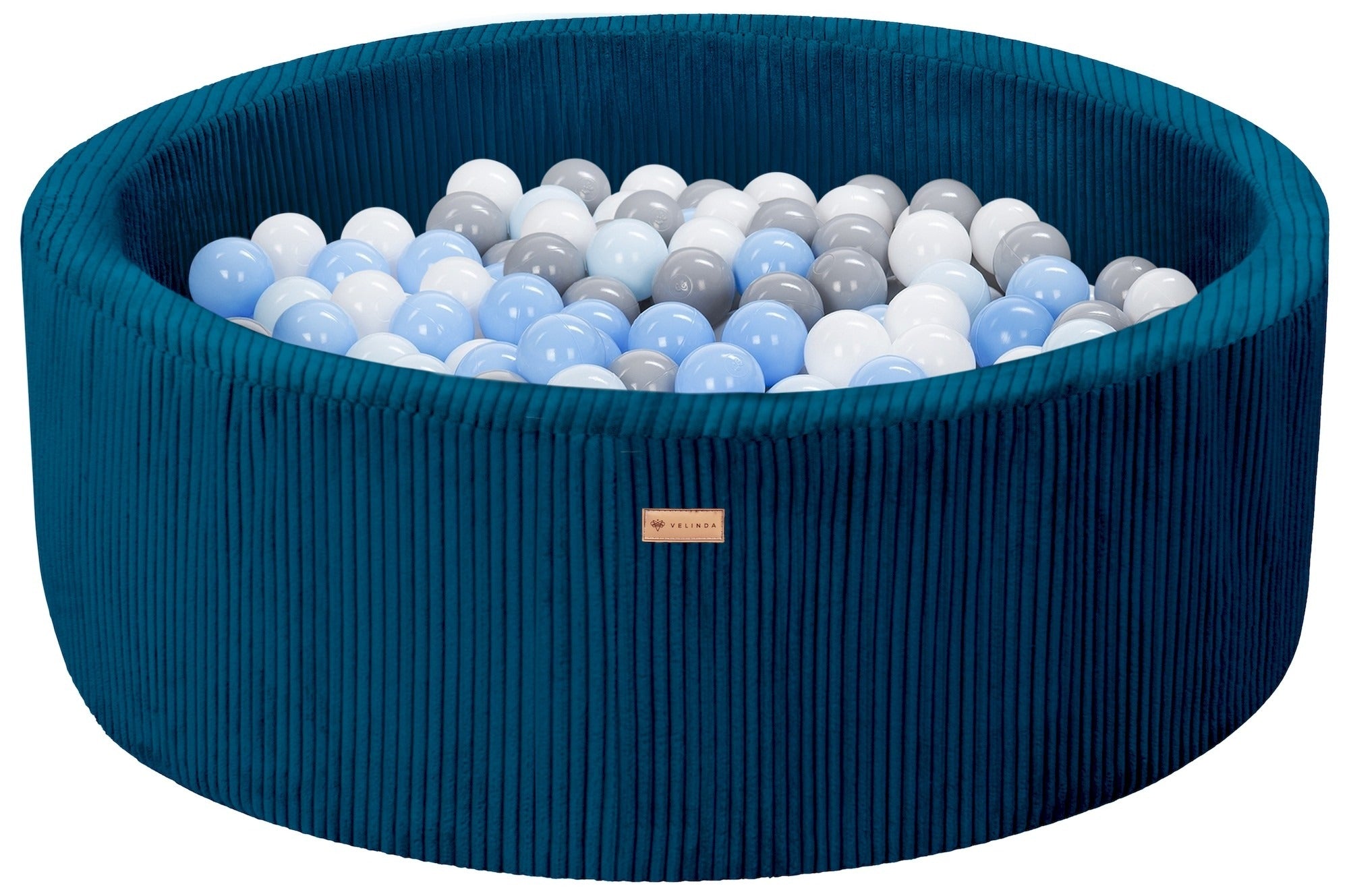 Bällepool ⌀ 90 cm in Cord Dunkelblau mit Bällen in Weiß · Grau · Hellblau · Pastell-Blau