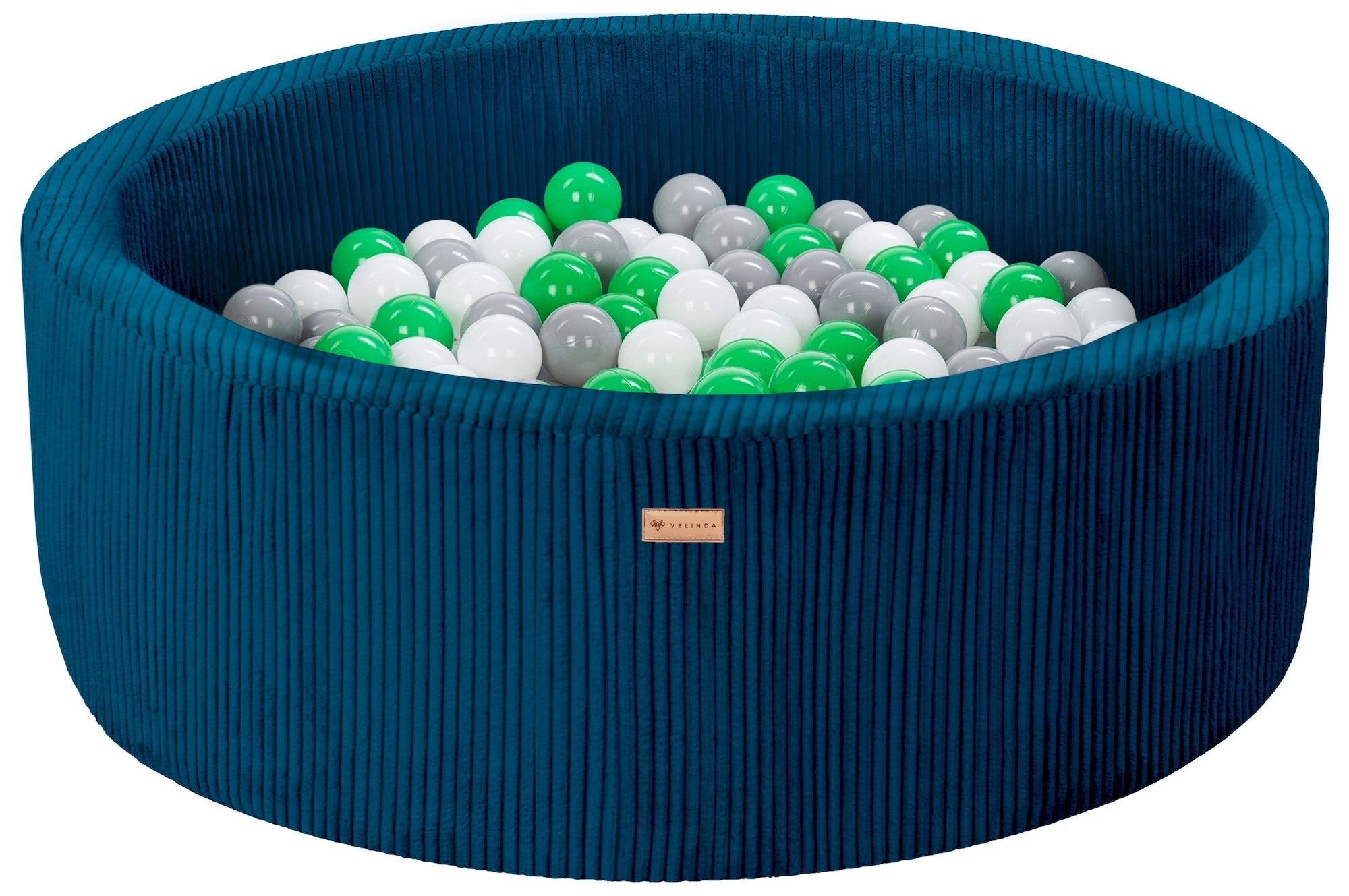 Bällepool ⌀ 90 cm in Cord Dunkelblau mit Bällen in Weiß · Grau · Hellgrün
