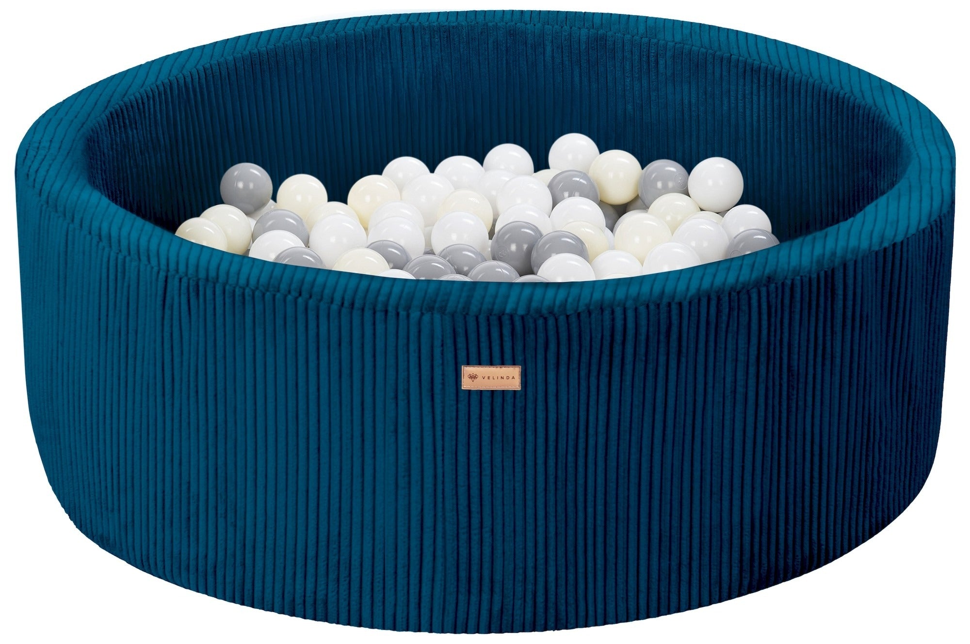 Bällepool ⌀ 90 cm in Cord Dunkelblau mit Bällen in Weiß · Grau · Pastell-Gelb