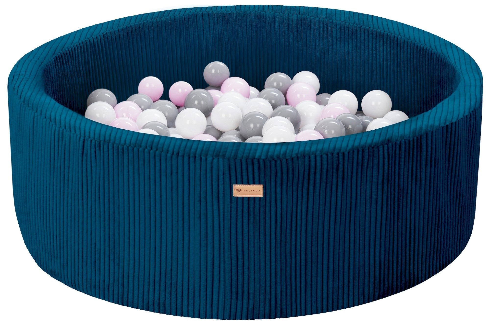 Bällepool ⌀ 90 cm in Cord Dunkelblau mit Bällen in Weiß · Grau · Pastell-Pink