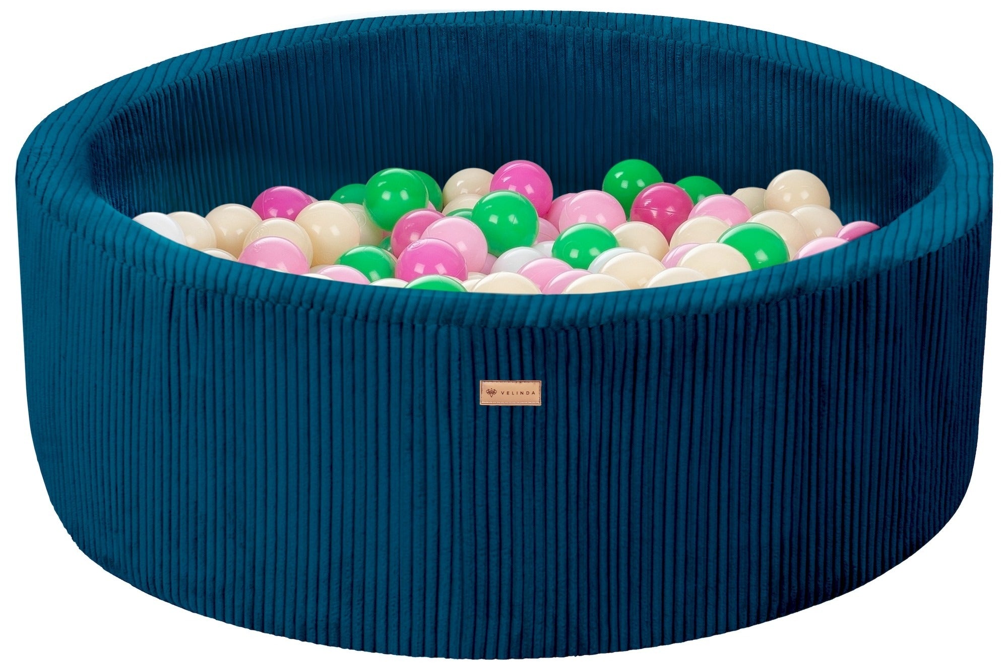 Bällepool ⌀ 90 cm in Cord Dunkelblau mit Bällen in Weiß · Grün · Pink · Rosa · Cappuccino