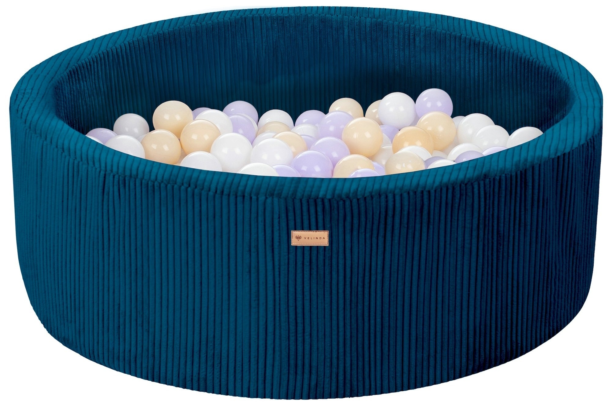 Bällepool ⌀ 90 cm in Cord Dunkelblau mit Bällen in Weiß · Violett · Cappuccino