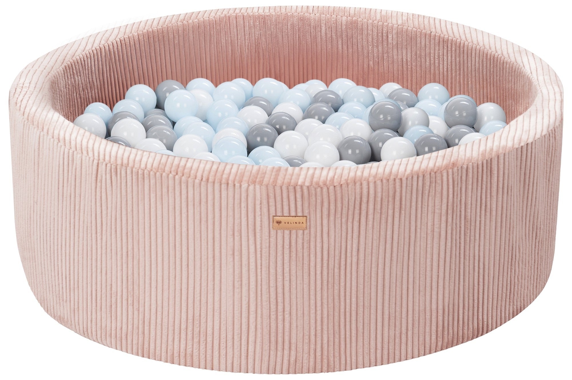 Bällepool ⌀ 90 cm in Cord Rosa mit Bällen in Weiß · Grau · Pastell-Blau