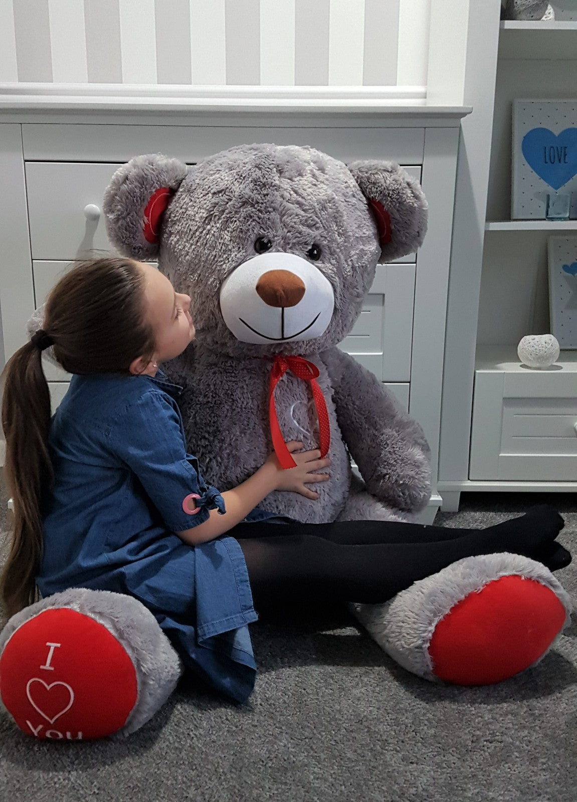 Riesen-Teddybär 160 cm, Grau - rot