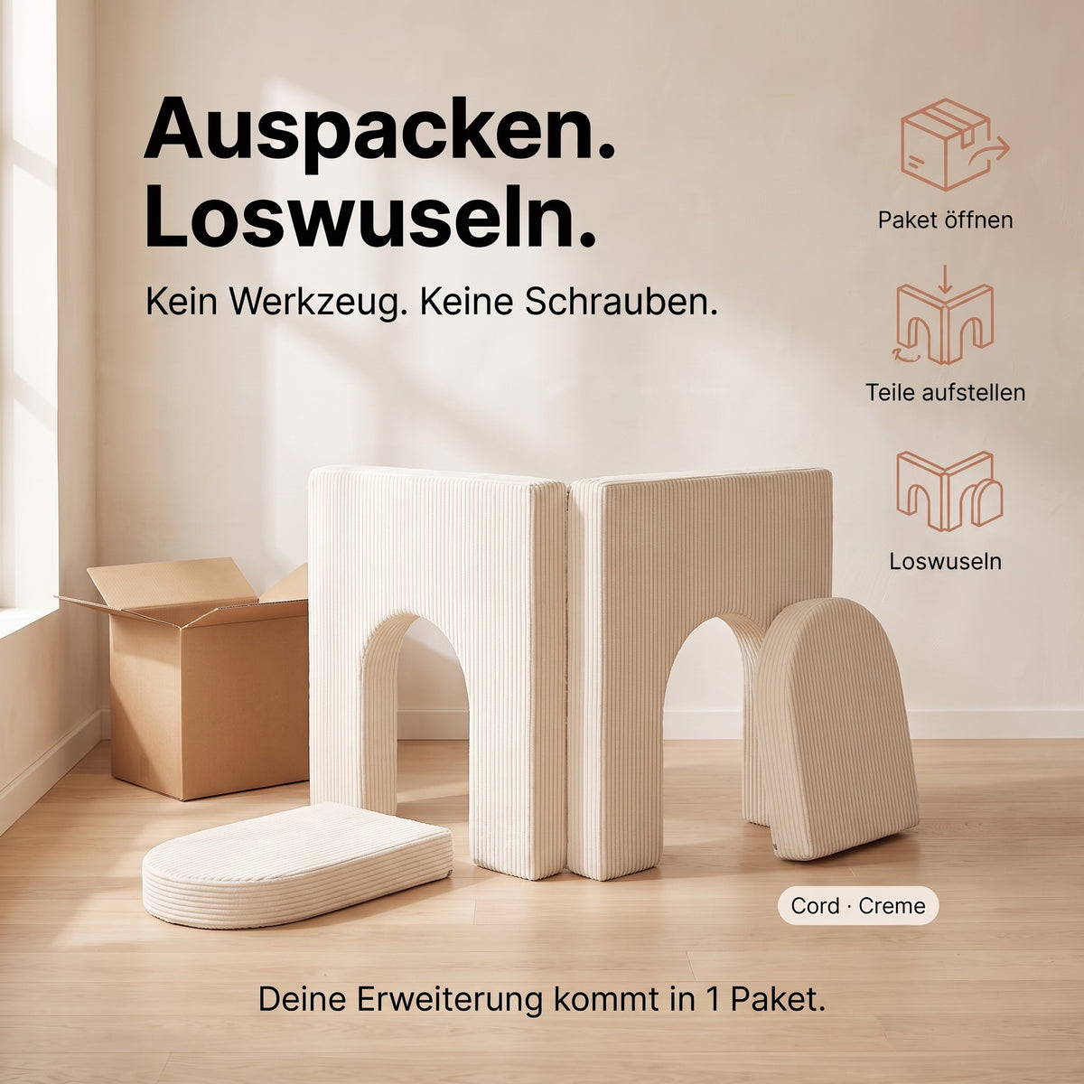 Auspacken, loswuseln: Die Erweiterung kommt in einem Paket, Cord Creme