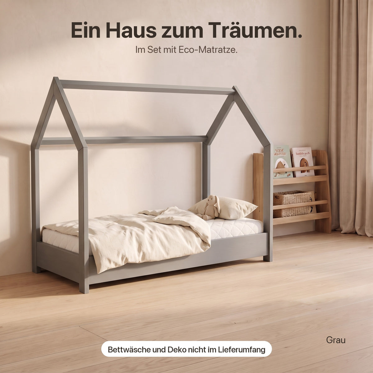 Hausbett mit Eco-Matratze im Kinderzimmer – Bettwäsche und Deko nicht im Lieferumfang
