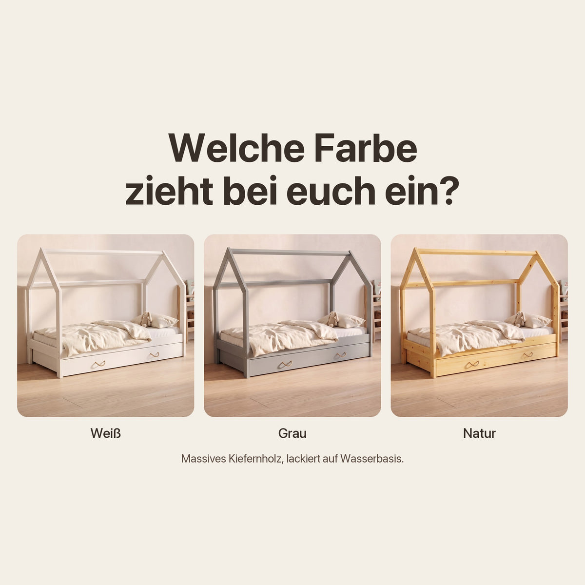Hausbett mit Schublade in Weiß, Grau und Natur