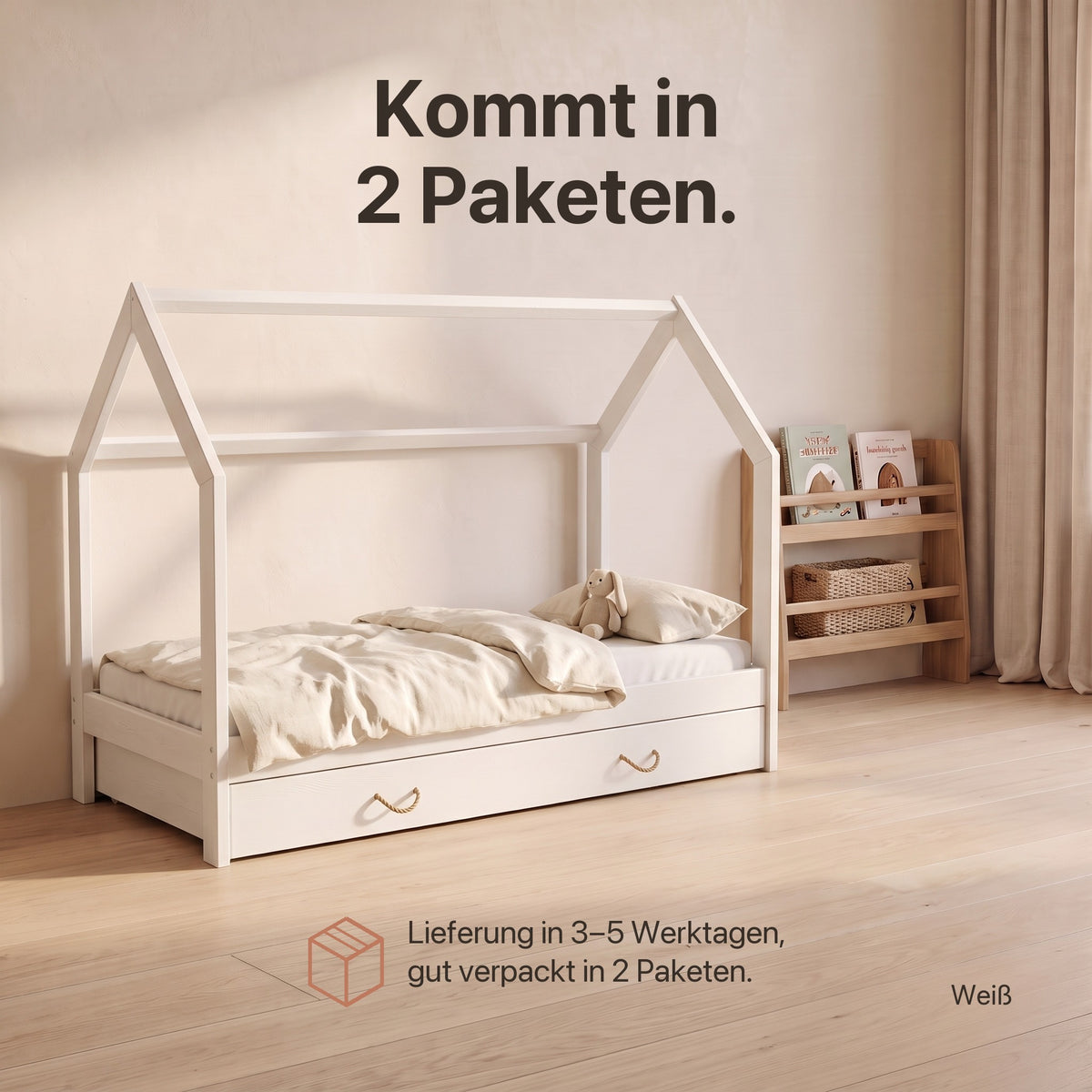 Hausbett mit Schublade: Lieferung in 3–5 Werktagen in 2 Paketen