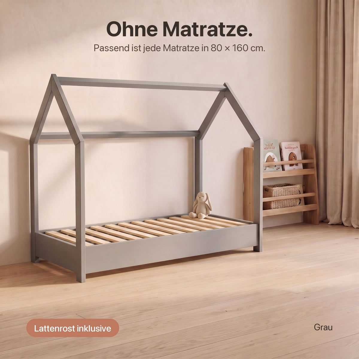Hausbett skandinavisch ohne Matratze: Lattenrost inklusive, passend für Matratzen in 80 × 160 cm