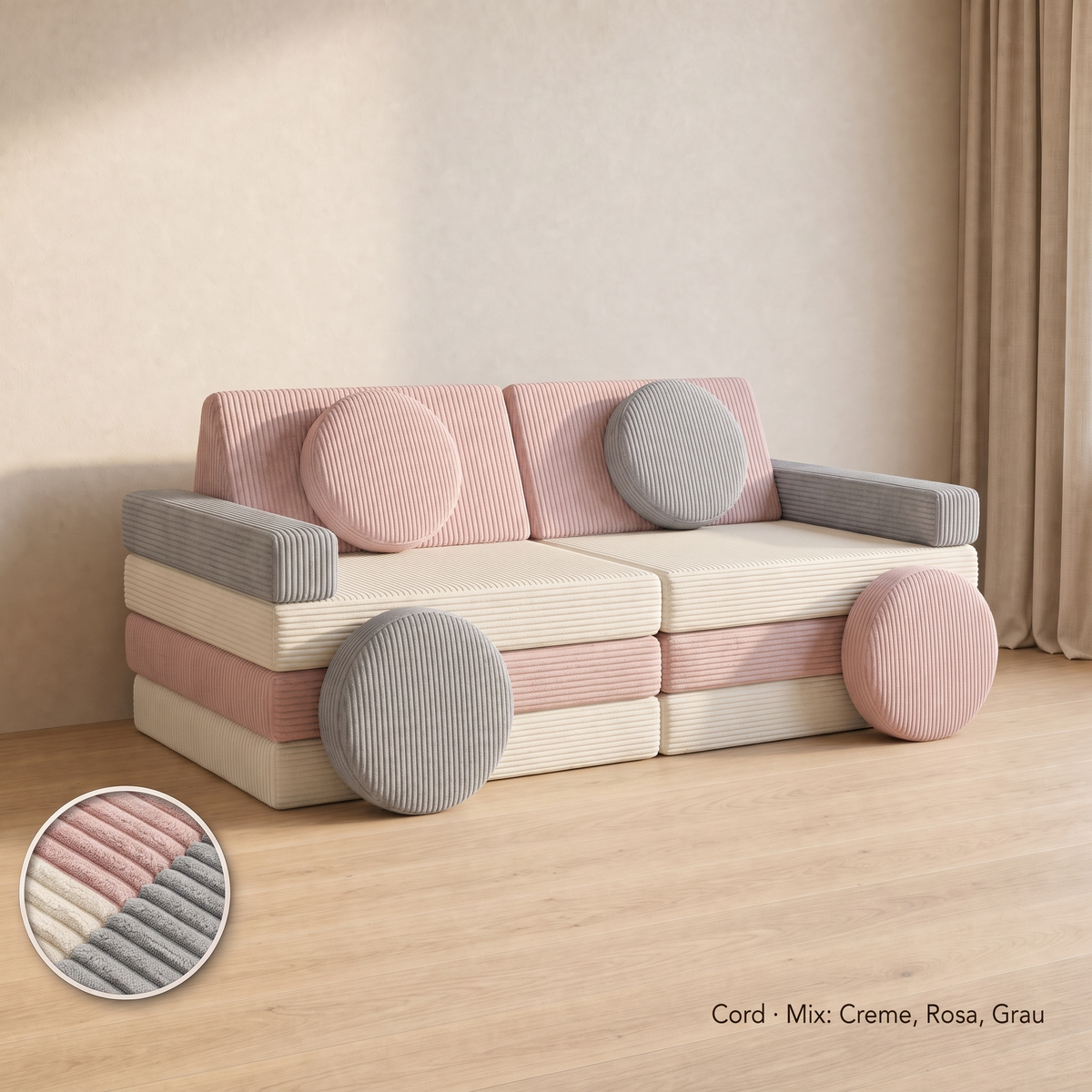 Wuselsofa 14 Teile, Cord · Mix: Creme, Rosa, Grau #Farbe_variantenbild