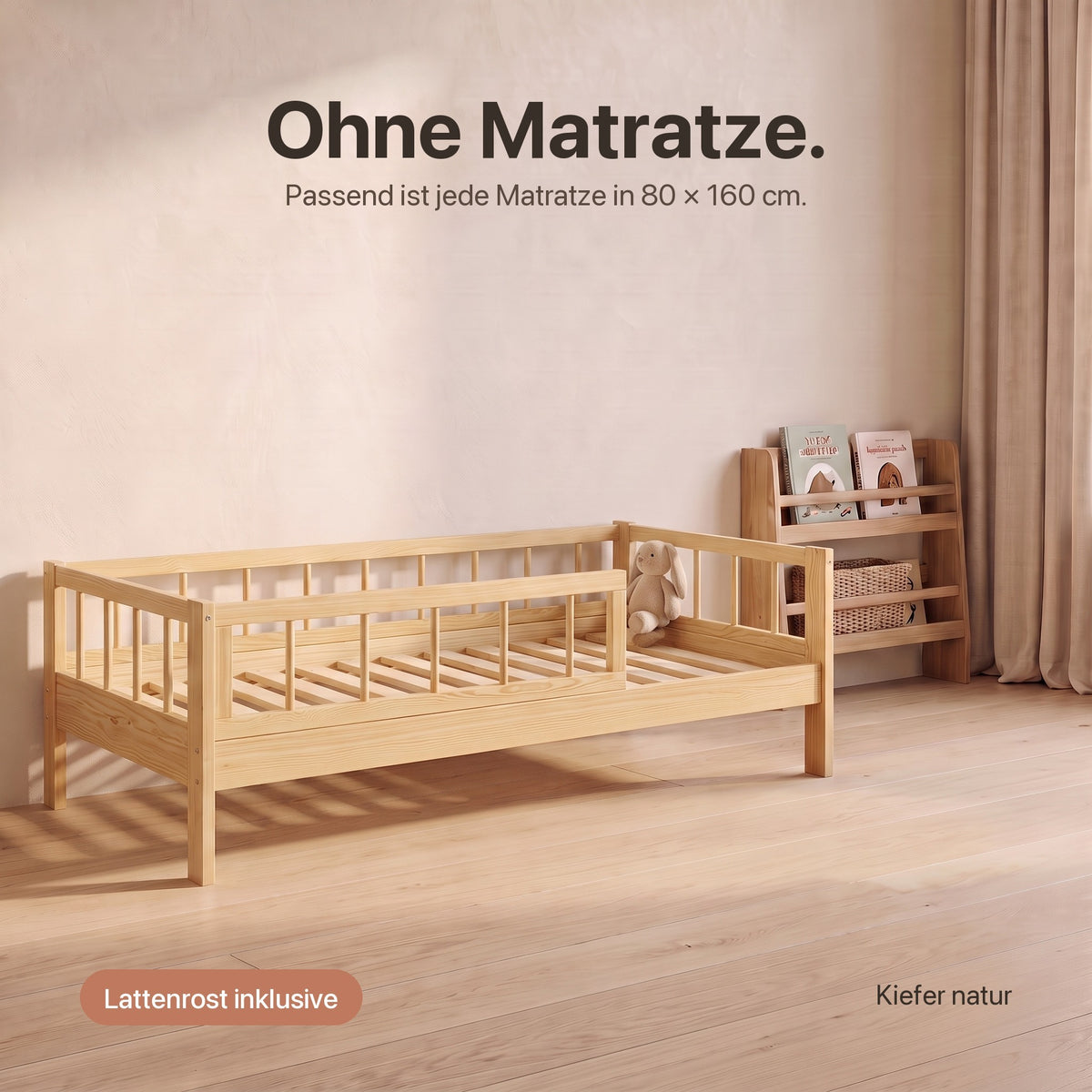 Kinderbett mit Rausfallschutz ohne Matratze: Lattenrost inklusive, passend für Matratzen in 80 × 160 cm