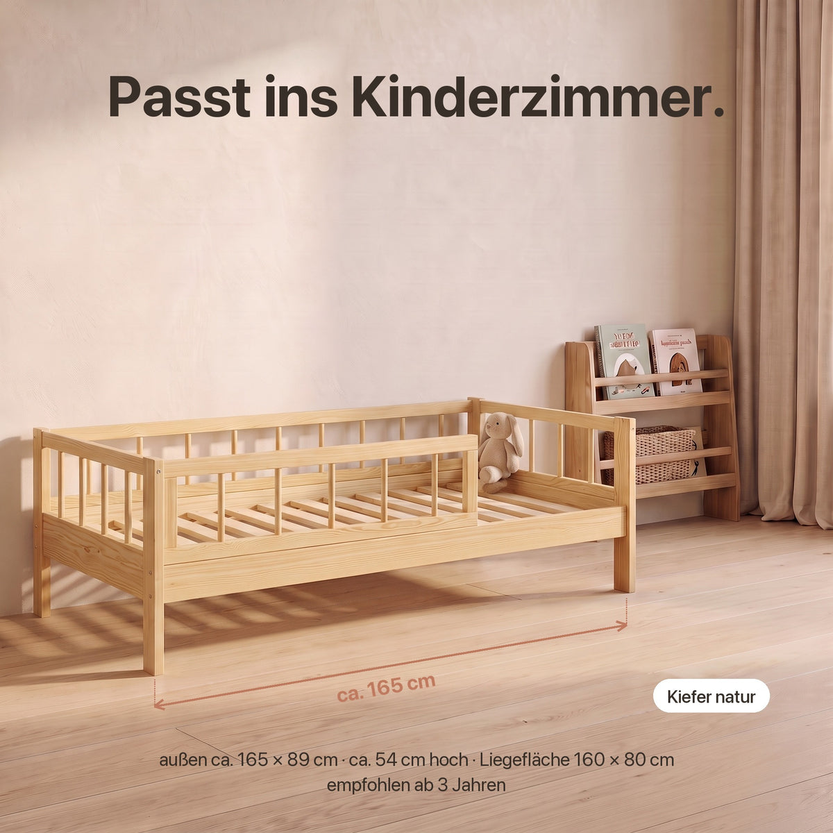Kinderbett mit Rausfallschutz: außen ca. 165 × 89 cm, ca. 54 cm hoch, Liegefläche 160 × 80 cm, empfohlen ab 3 Jahren