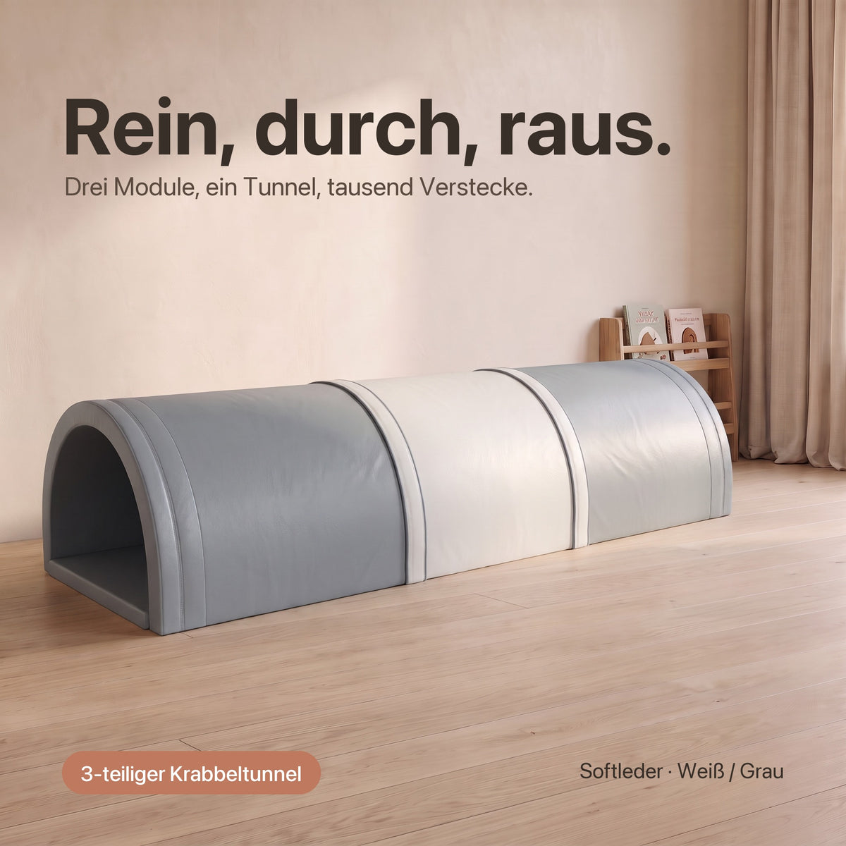Wuseltunnel 3-teilig: Rein, durch, raus – drei Module, ein Tunnel, Softleder Weiß / Grau