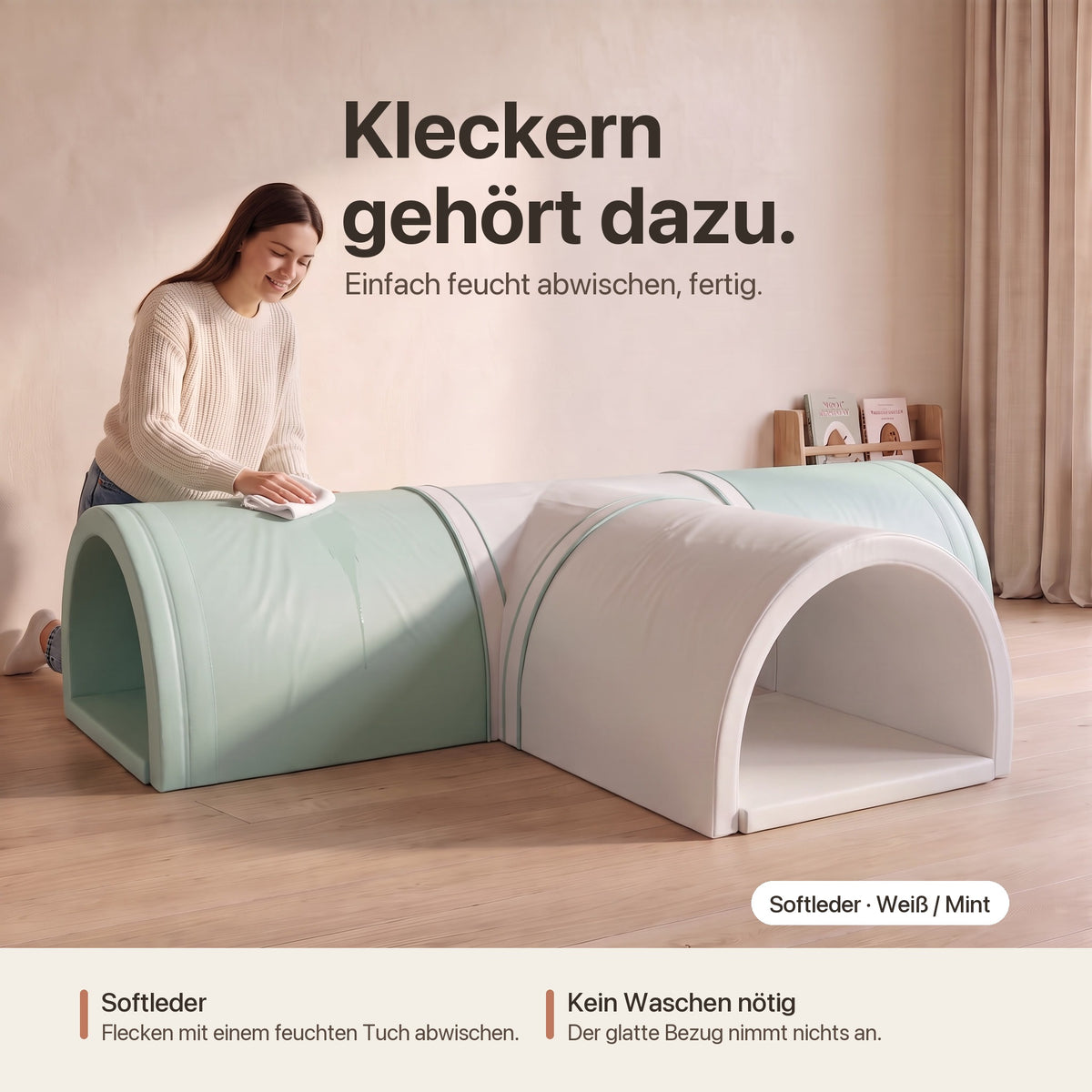 Wuseltunnel 4-teilig: Kleckern gehört dazu – Softleder einfach feucht abwischen, Weiß / Mint