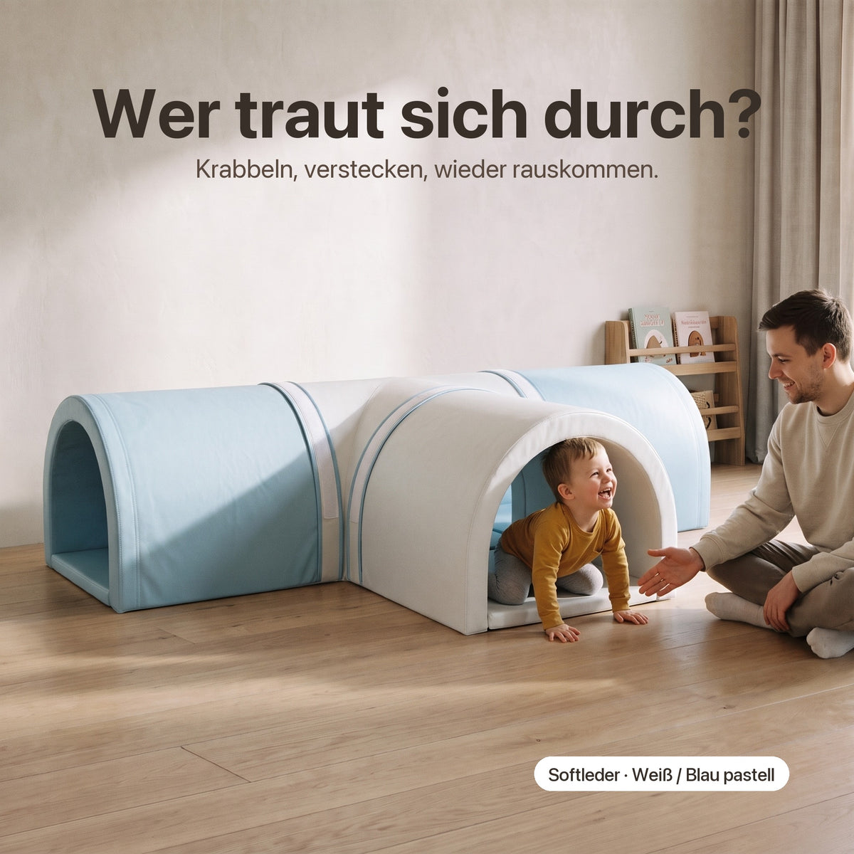 Wuseltunnel 4-teilig: Wer traut sich durch? Kind krabbelt aus dem Tunnel, Softleder Weiß / Blau pastell