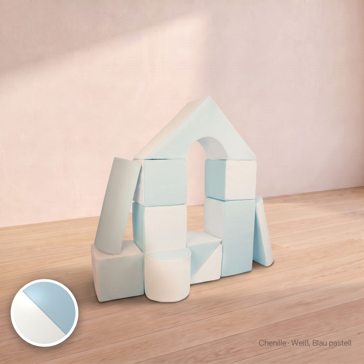 Schloss-Set 11 Schaumstoffbausteine, Chenille · Weiß, Blau pastell #Farbe_variantenbild
