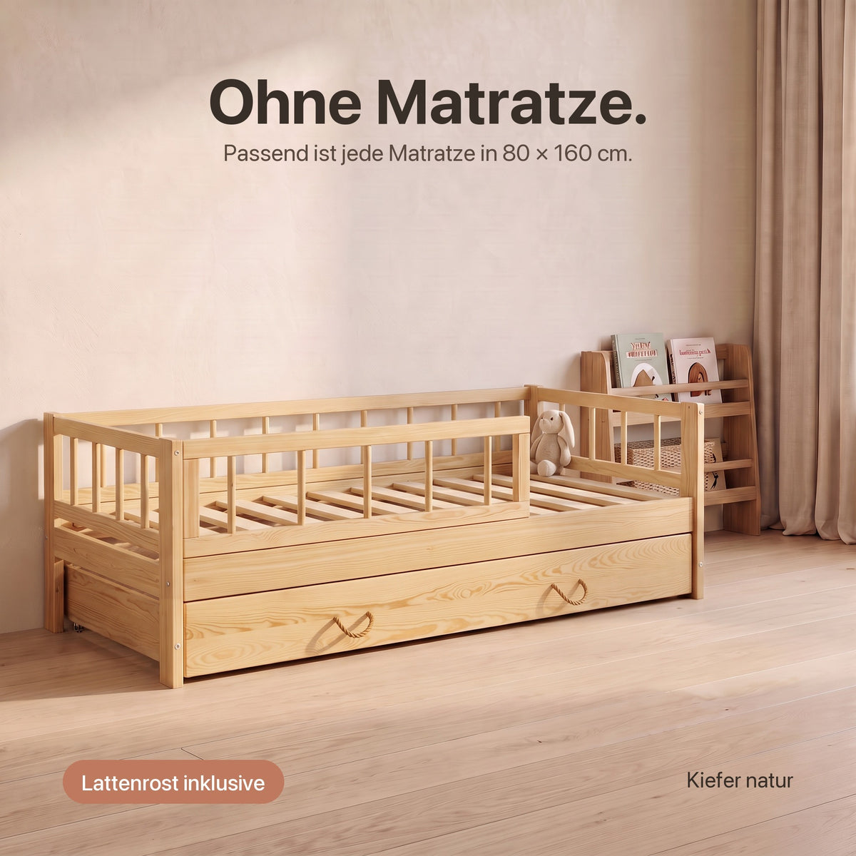 Kinderbett mit Schubkasten ohne Matratze: Lattenrost inklusive, passend für Matratzen in 80 × 160 cm