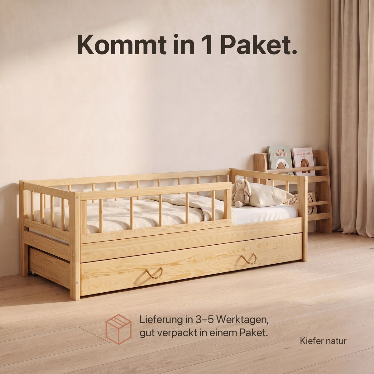 Kinderbett mit Schubkasten: Lieferung in 3–5 Werktagen in einem Paket