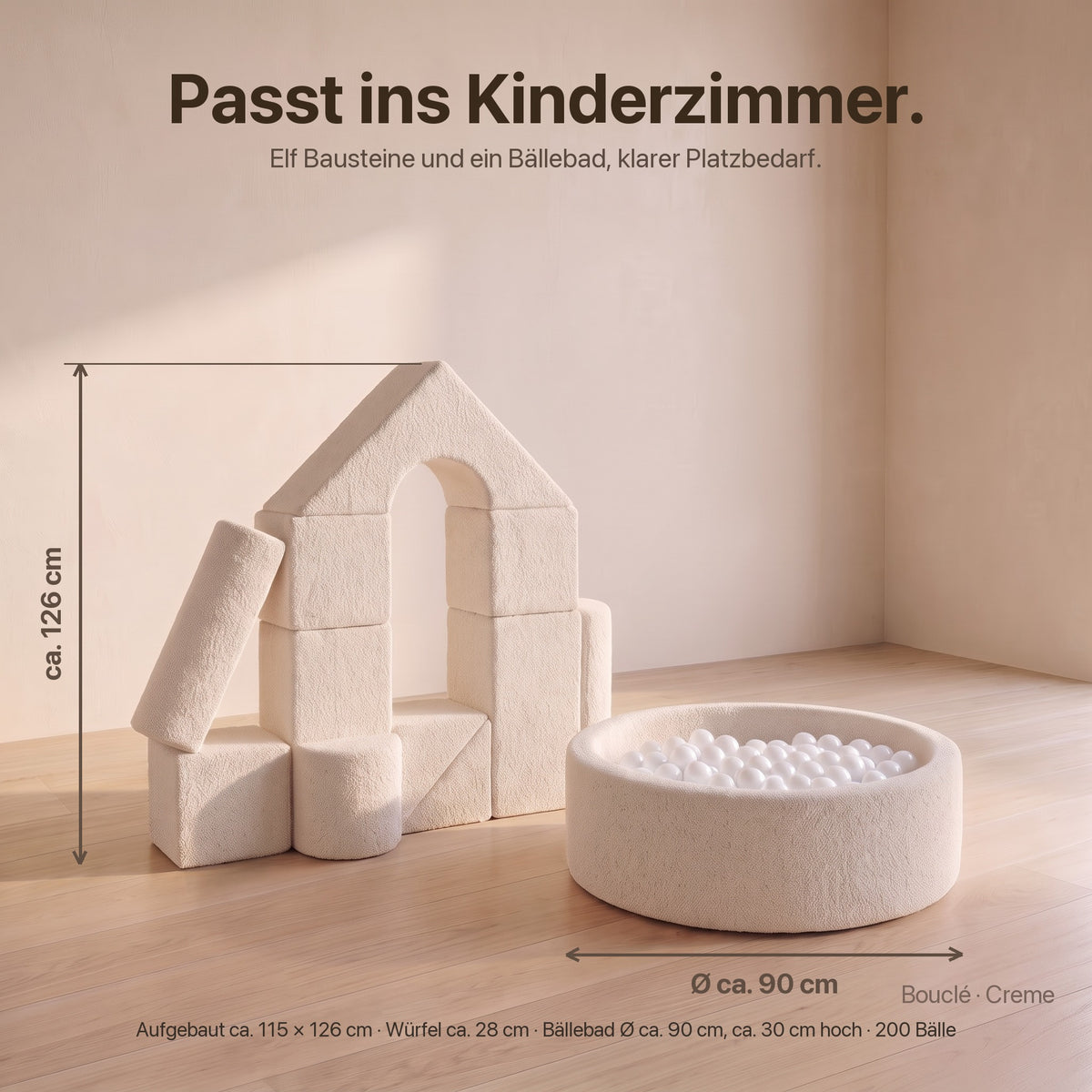 Maße Wuselschloss mit Bällebad: aufgebaut ca. 115 × 126 cm, Bällebad Ø ca. 90 cm