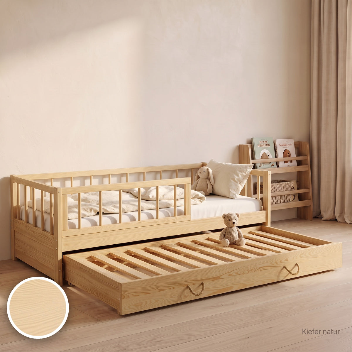 Ausziehbett mit Rausfallschutz in Kiefer natur im Kinderzimmer