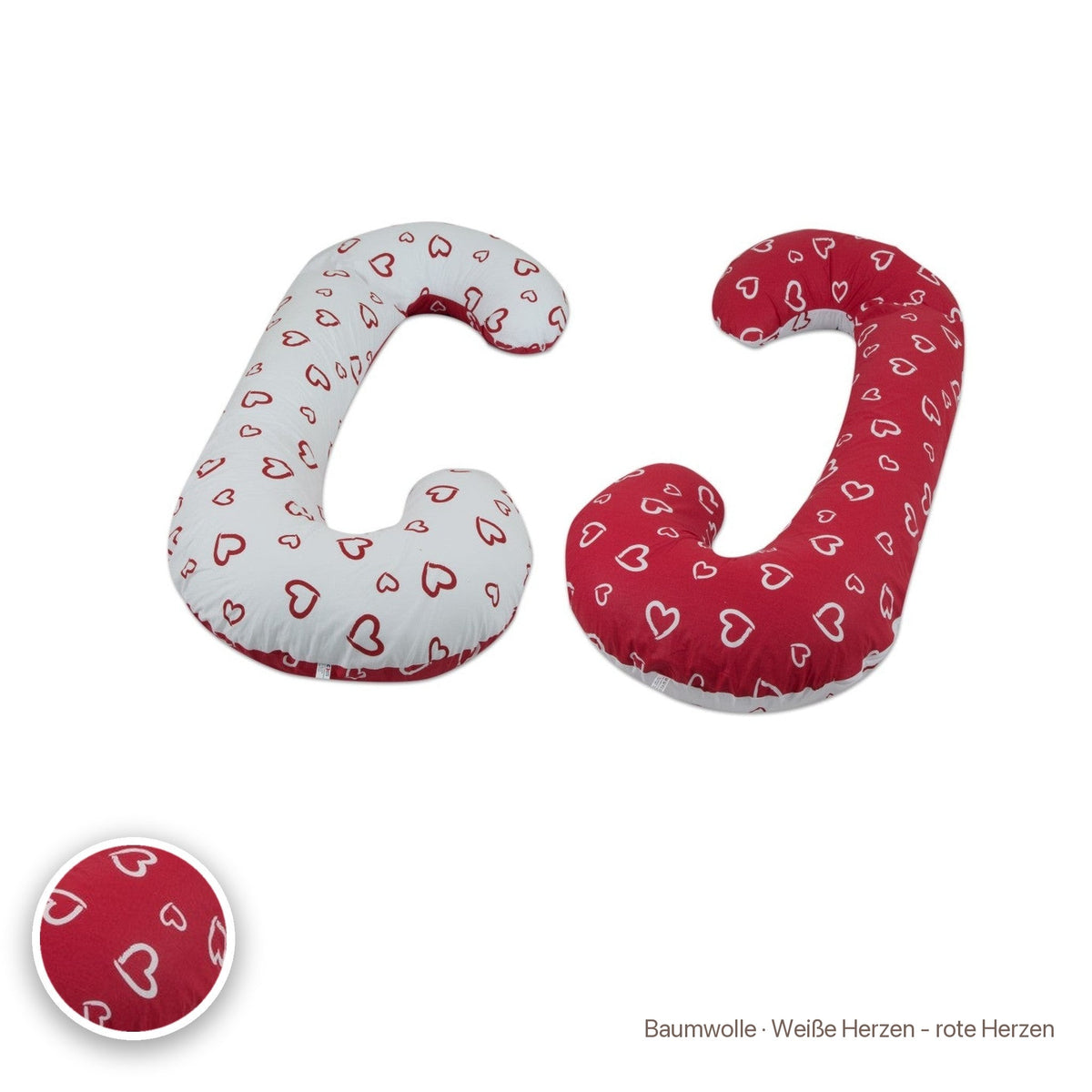Schwangerschaftskissen C-Form, Baumwolle · Weiße Herzen - rote Herzen #Farbe_variantenbild
