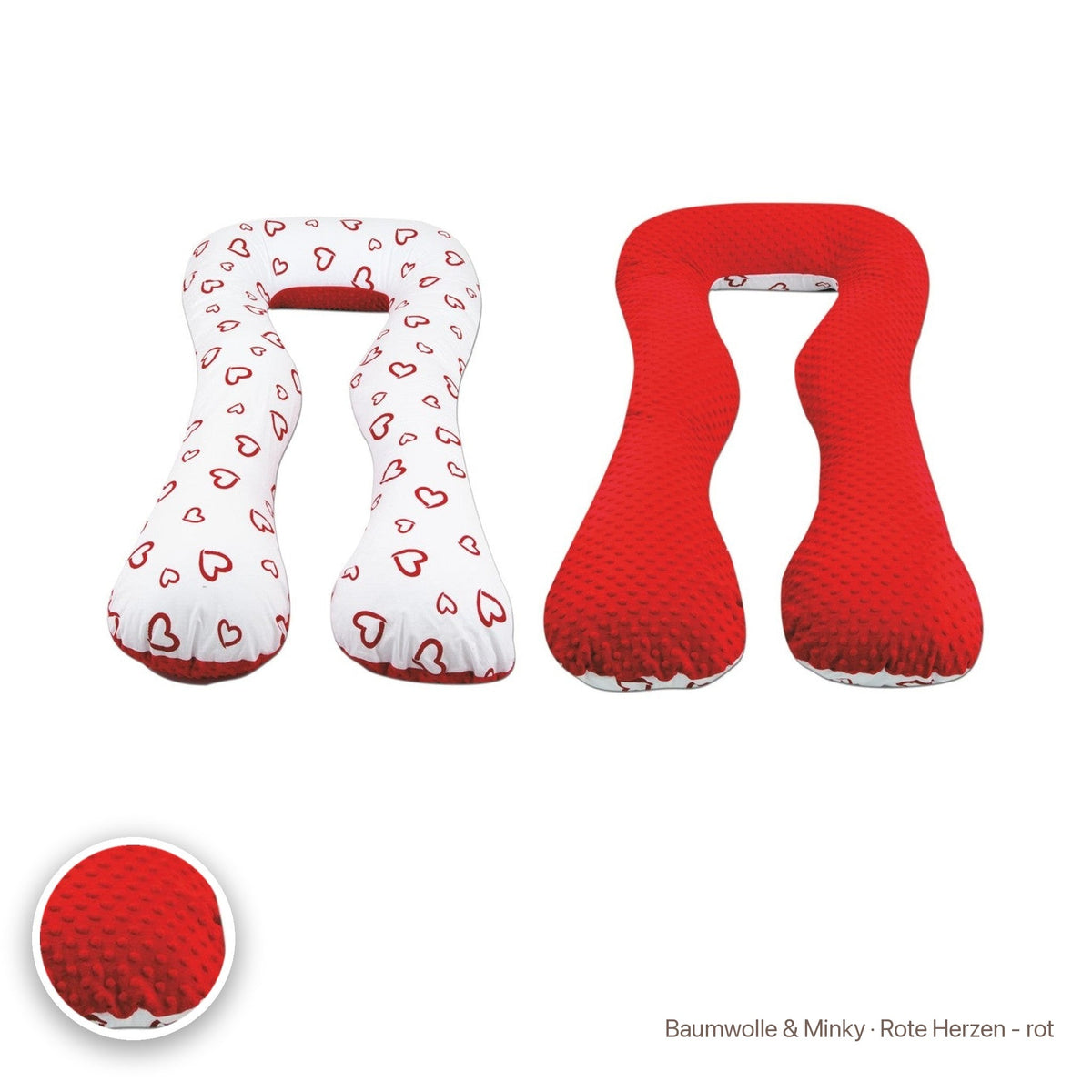 Schwangerschaftskissen U-Form, Baumwolle & Minky · Rote Herzen - rot #Farbe_variantenbild