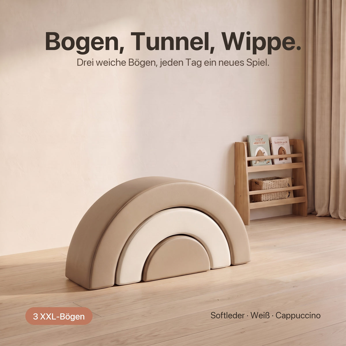 Wuselbogen-Set: Bogen, Tunnel, Wippe – drei weiche Bögen, Softleder Weiß · Cappuccino
