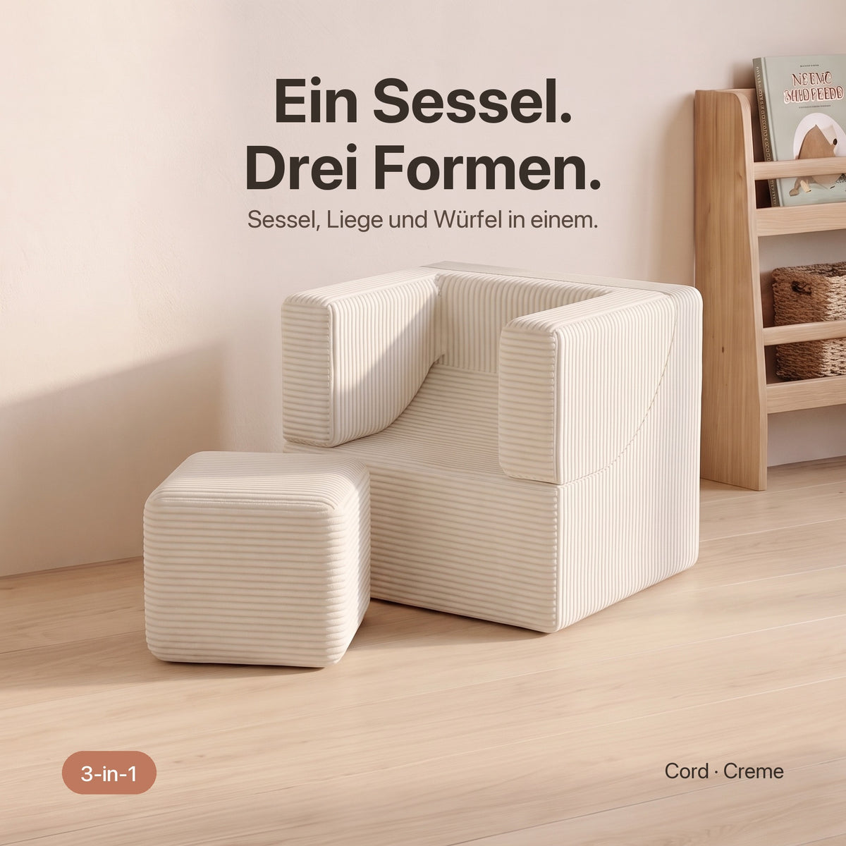 Wuselsessel 3-in-1: Ein Sessel, drei Formen – Sessel mit Hocker in Cord Creme