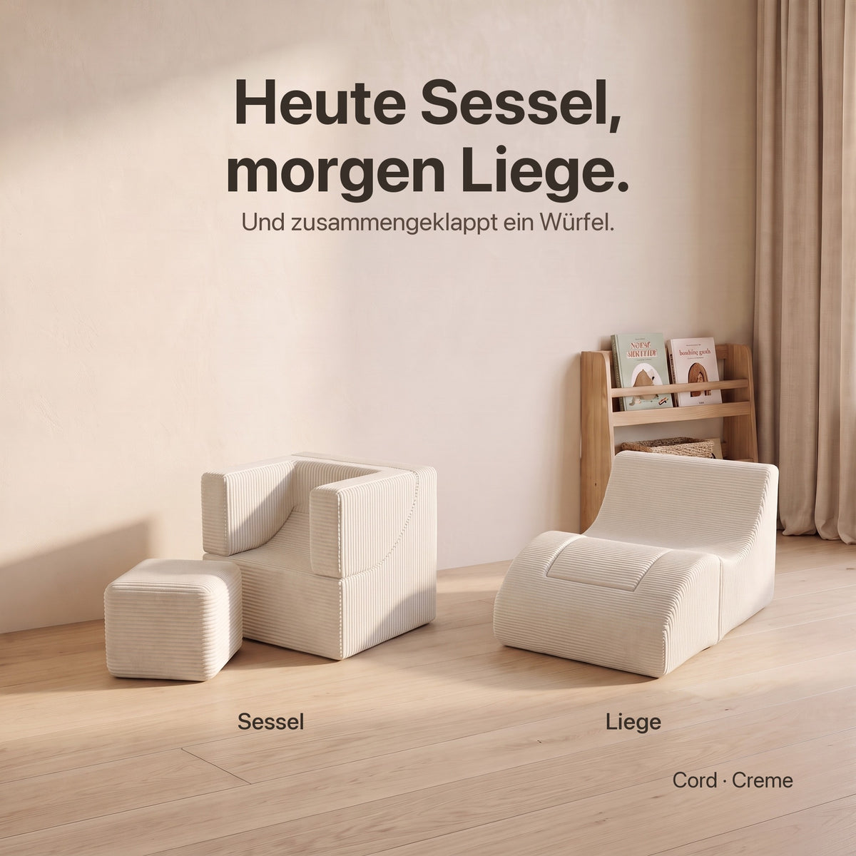Wuselsessel 3-in-1: Heute Sessel, morgen Liege – beide Formen nebeneinander, Cord Creme