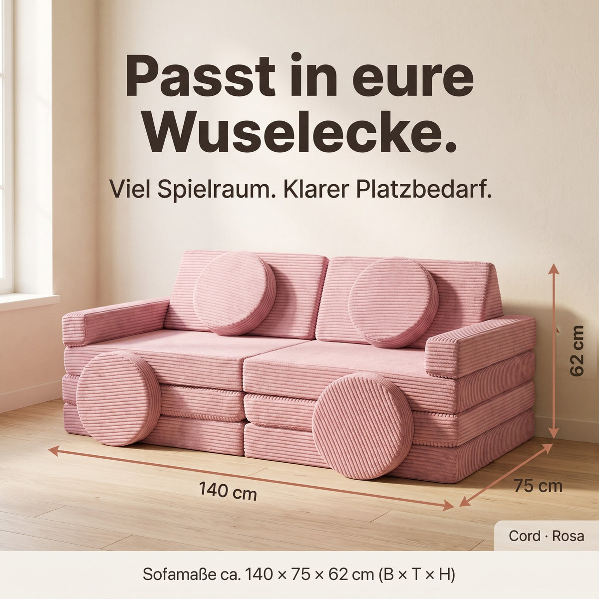 Passt in eure Wuselecke: Sofamaße ca. 140 × 75 × 62 cm, Cord Rosa