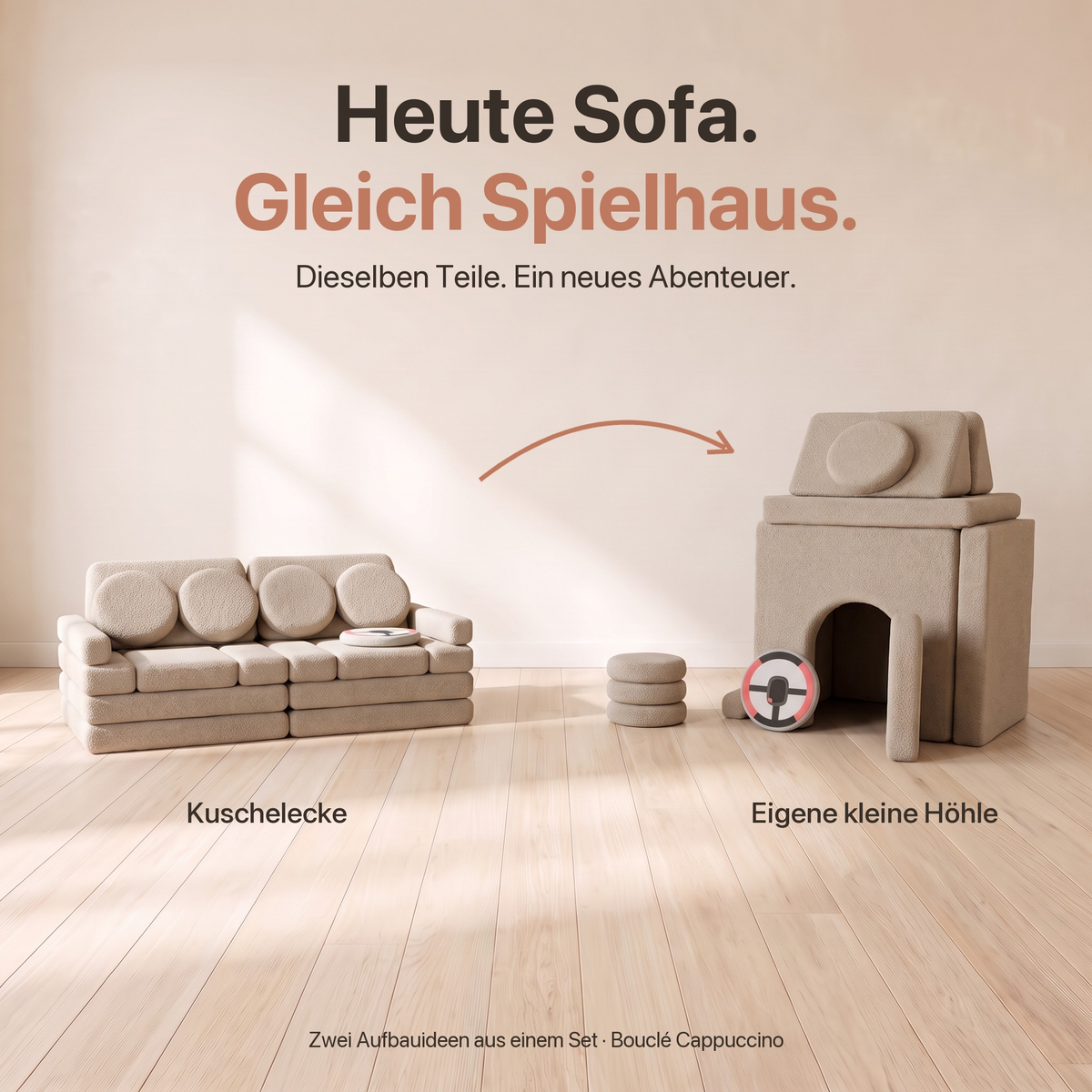Heute Sofa, gleich Spielhaus: Wuselsofa 14 Teile in Bouclé Cappuccino als Kuschelecke und als eigene kleine Höhle