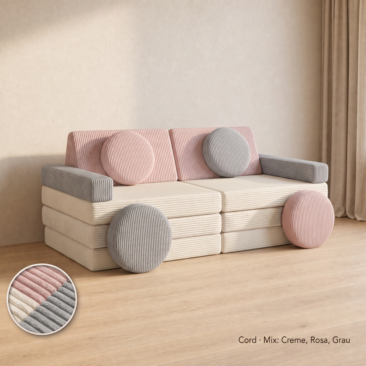 Wuselsofa 14 Teile, Cord · Mix: Creme, Rosa, Grau #Farbe_variantenbild