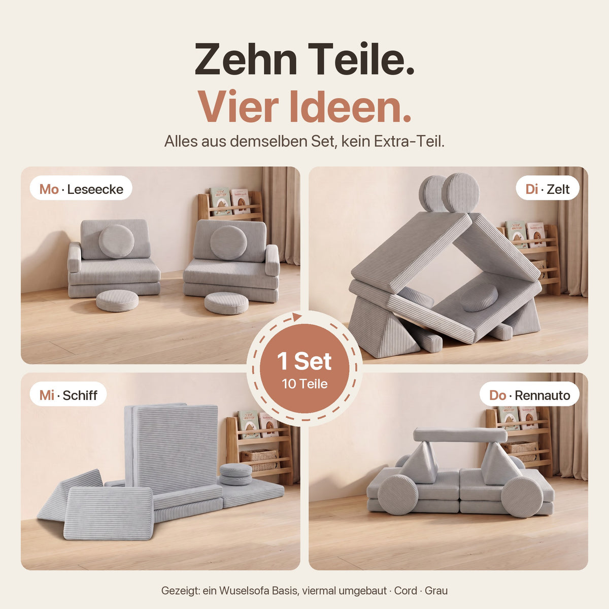 Zehn Teile, vier Ideen: Leseecke, Zelt, Schiff und Rennauto aus demselben Wuselsofa Basis, Cord Grau