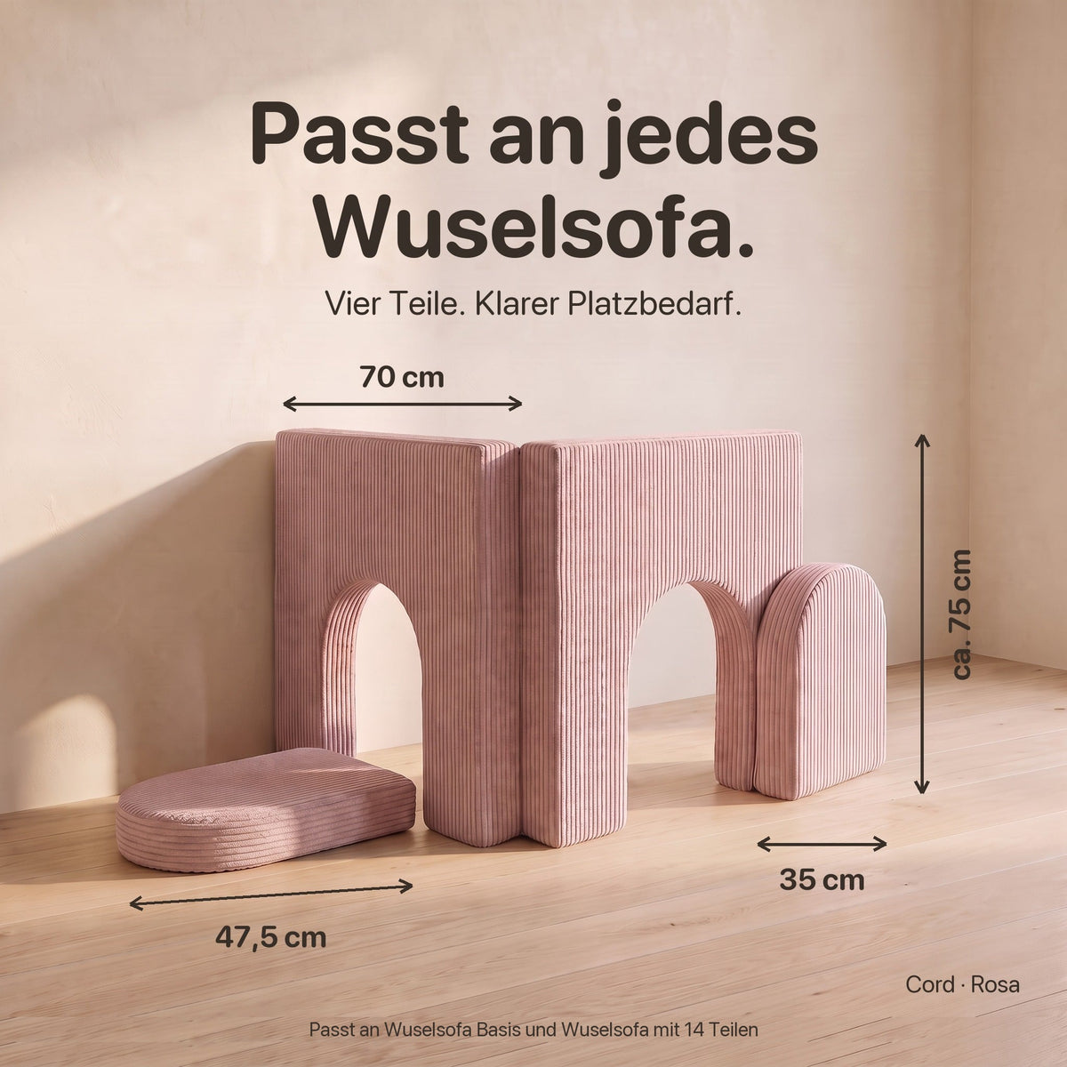 Passt an jedes Wuselsofa: Maße der Erweiterung, Doppelwand je Flügel ca. 70 × 75 cm, Türen ca. 47,5 × 35 cm, Cord Rosa