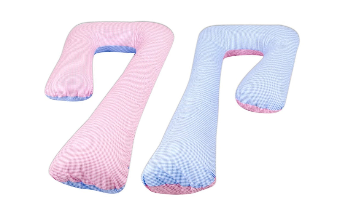 Schwangerschaftskissen 7-Form, Baumwolle / Blaue Karos - rosa Karos