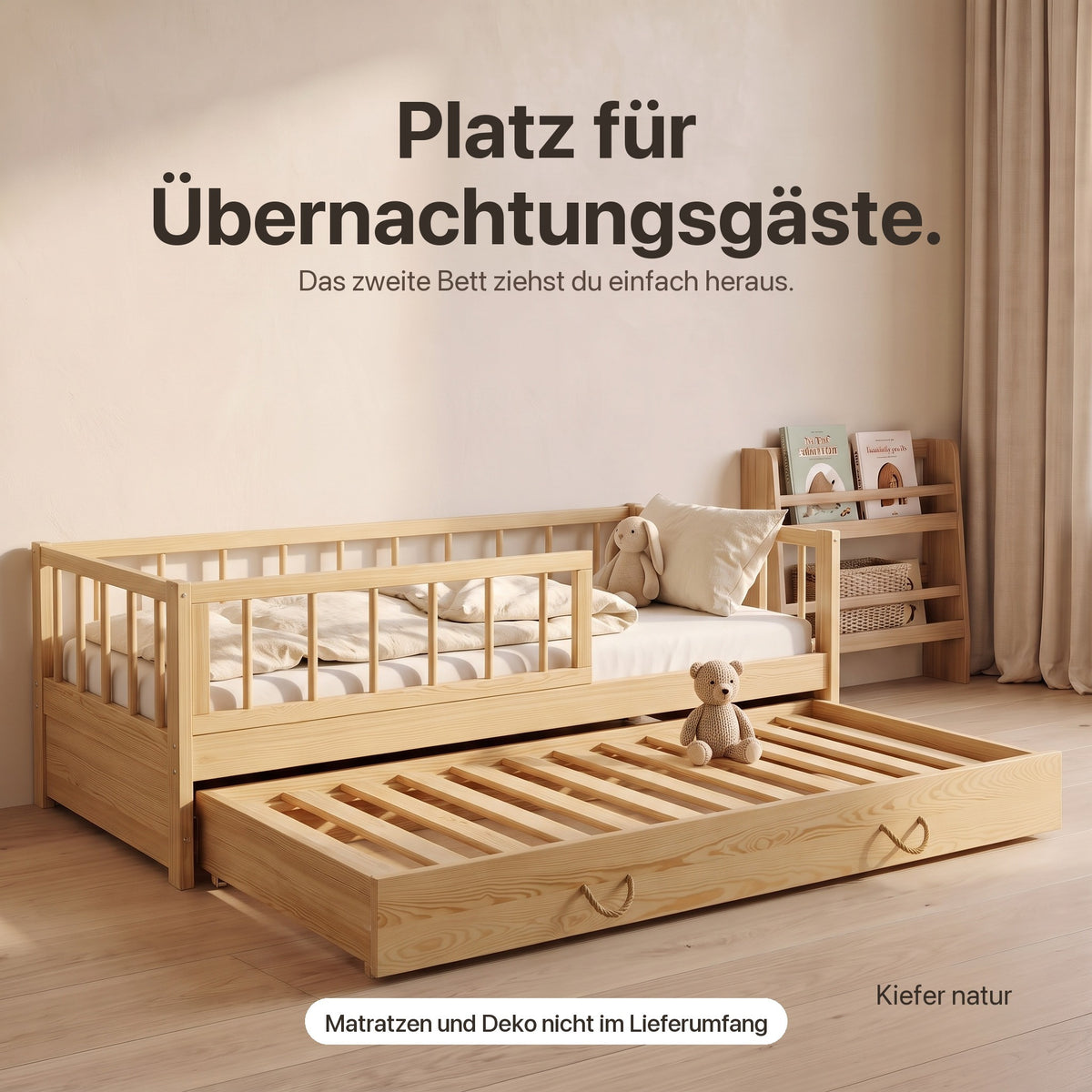 Ausziehbett mit Rausfallschutz im Kinderzimmer – Matratzen und Deko nicht im Lieferumfang