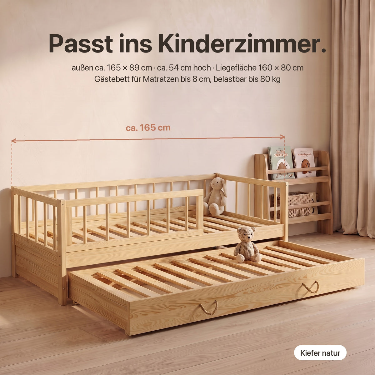 Ausziehbett mit Rausfallschutz: außen ca. 165 × 89 cm, ca. 54 cm hoch, Liegefläche 160 × 80 cm, Gästebett für Matratzen bis 8 cm, belastbar bis 80 kg
