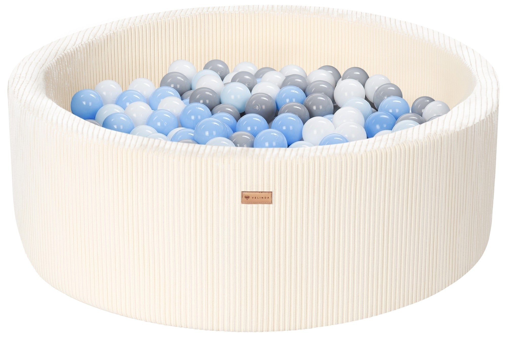 Bällepool ⌀ 90 cm in Cord Creme mit Bällen in Weiß · Grau · Hellblau · Pastell-Blau
