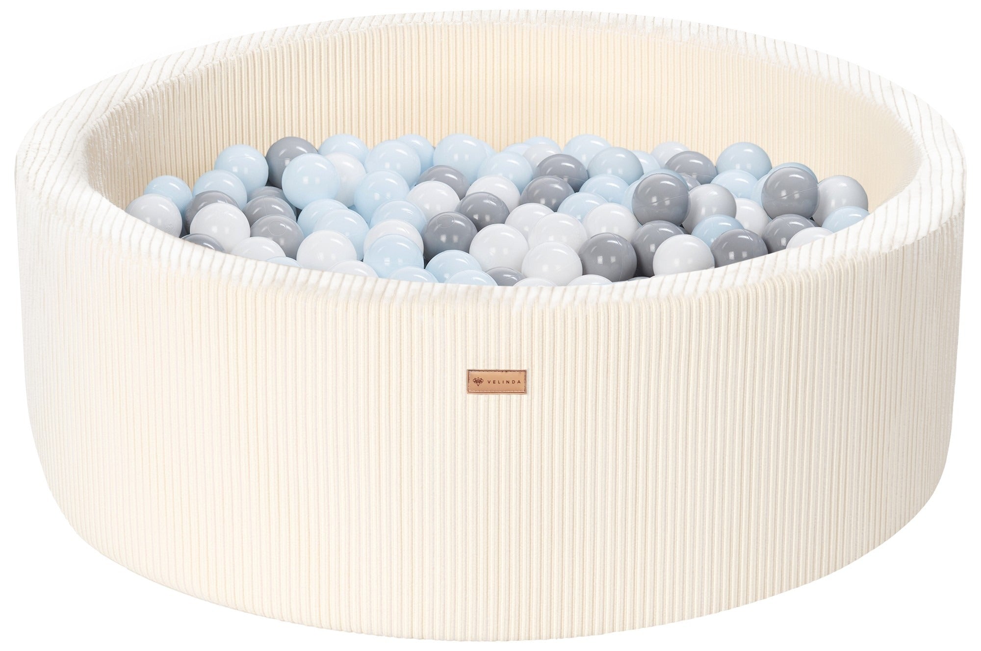 Bällepool ⌀ 90 cm in Cord Creme mit Bällen in Weiß · Grau · Pastell-Blau