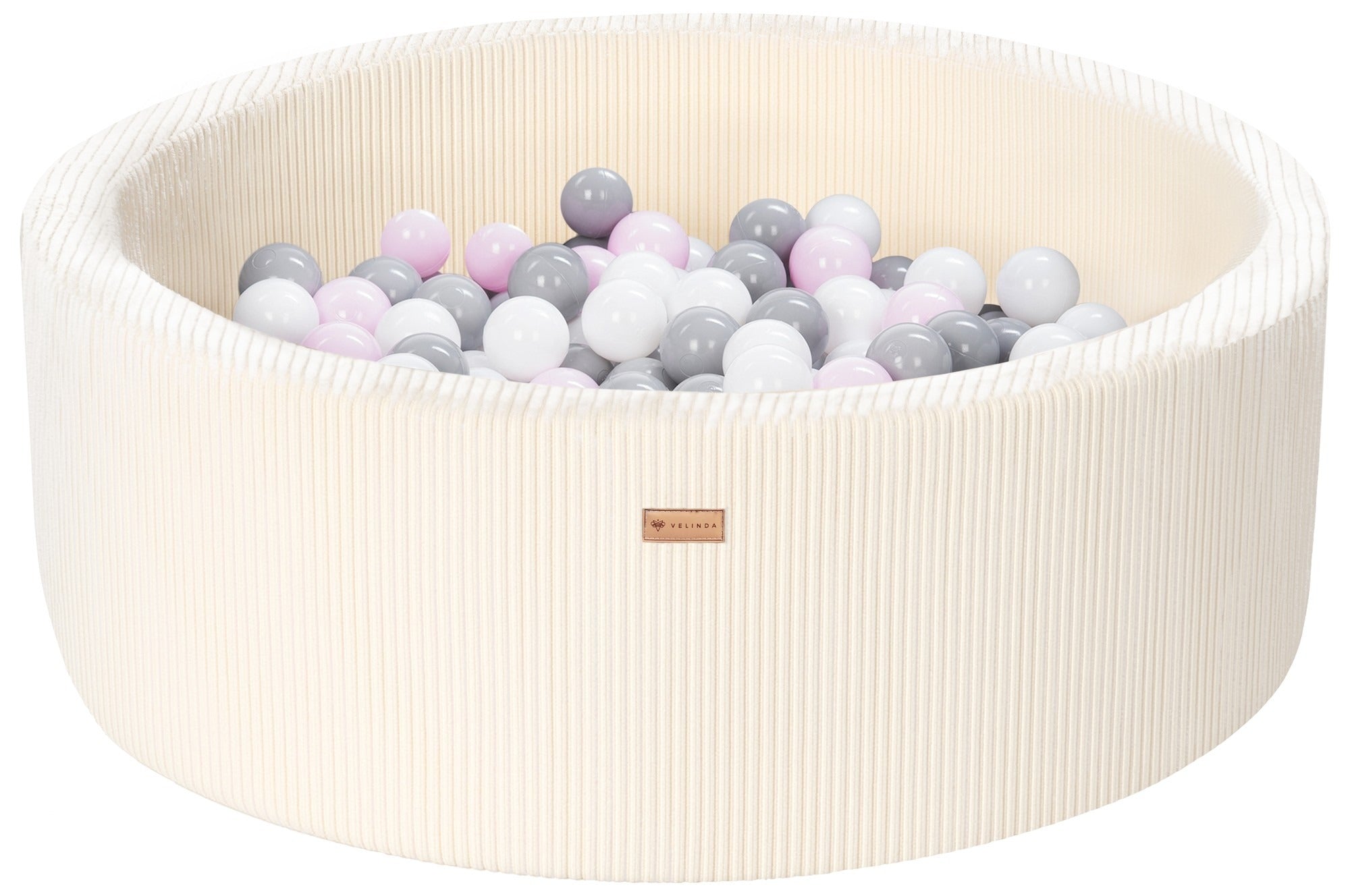 Bällepool ⌀ 90 cm in Cord Creme mit Bällen in Weiß · Grau · Pastell-Pink