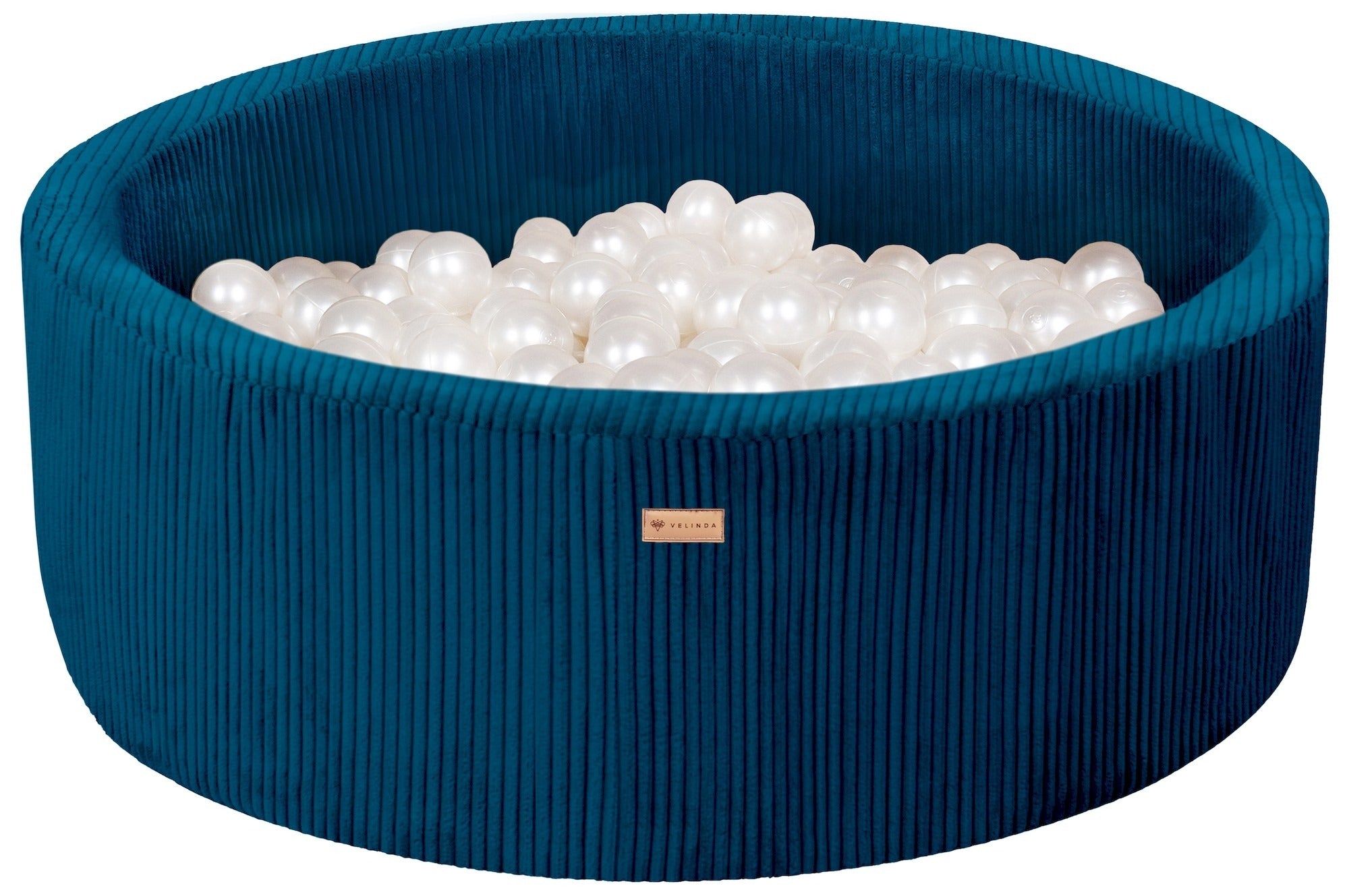 Bällepool ⌀ 90 cm in Cord Dunkelblau mit Bällen in Perlweiß