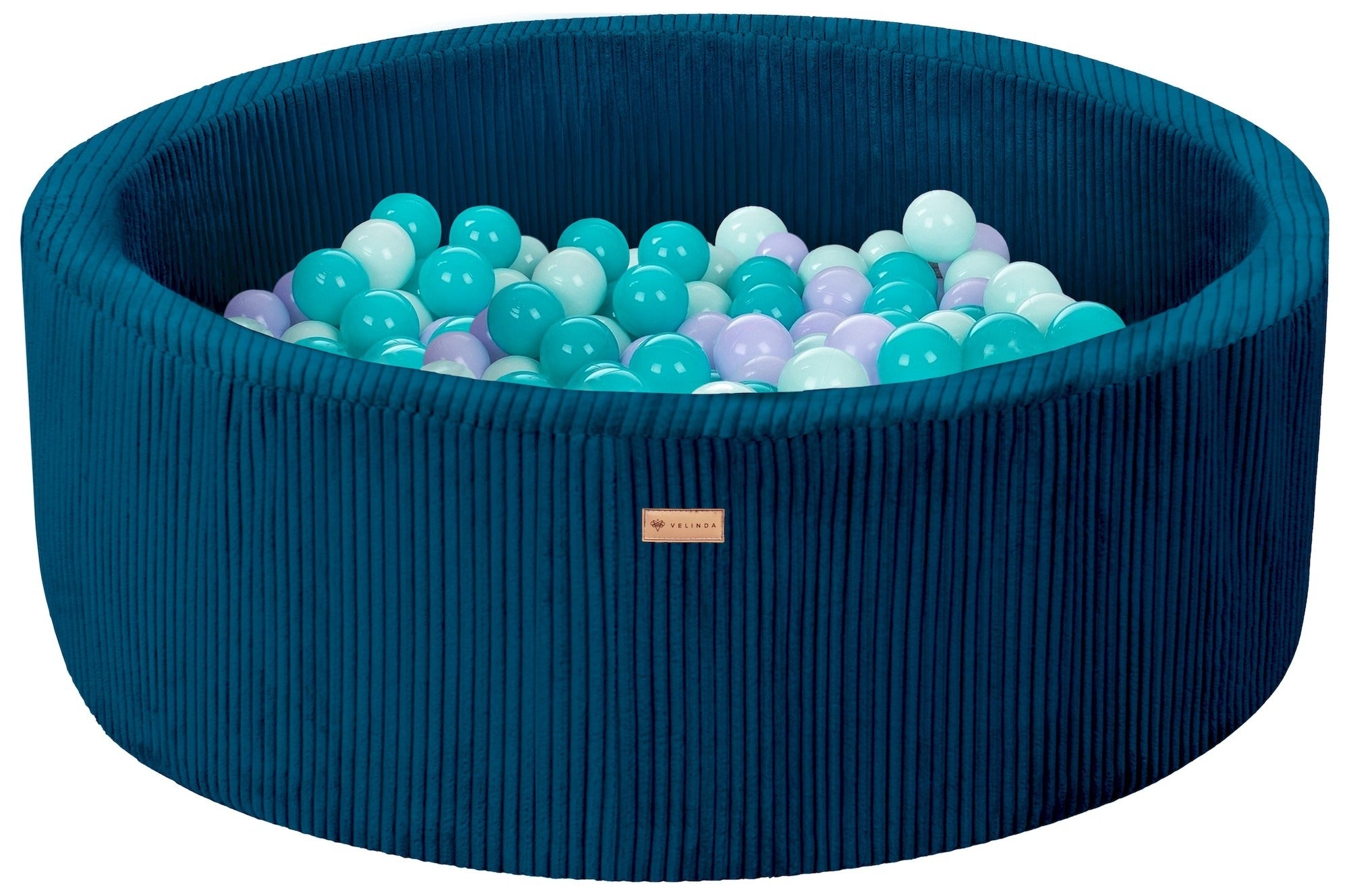 Bällepool ⌀ 90 cm in Cord Dunkelblau mit Bällen in Violett · Türkis · Mint